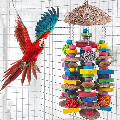 Miniatura 6 de EBaokuup Juguetes grandes para loros de pájaros, bloques de madera coloridos para masticar pájaros, jaula de loro, juguete para picar guacamayos,