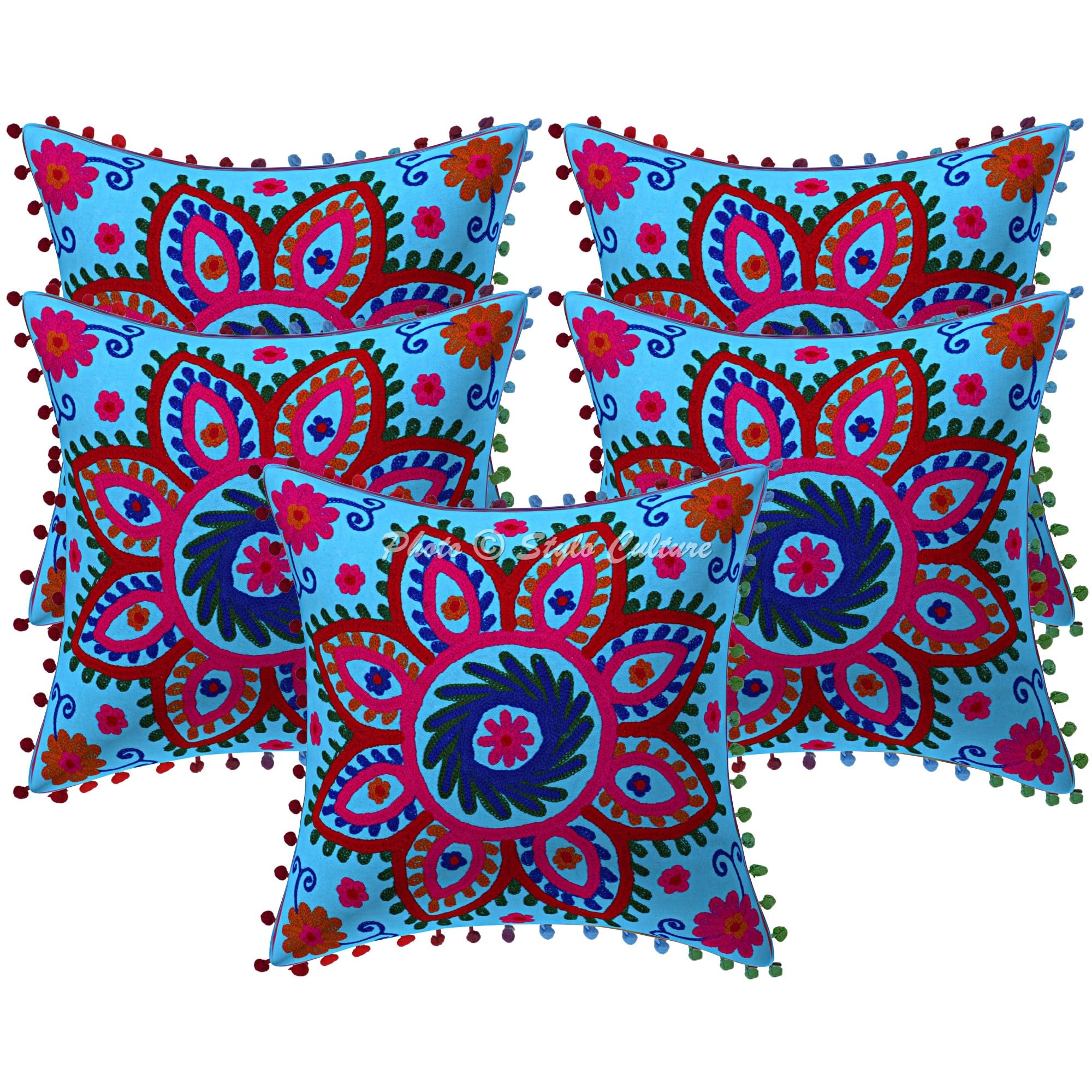 Ethnisch Dekorativ Baumwolle Couch Kissenbezüge 40x40 cm Türkis Dekokissen Suzani Bestickte Pom-Pom-Spitze Schlafzimmer Sofa Kissen Bezüge Blumen Quadrat Kissenhullen - 5 STK.