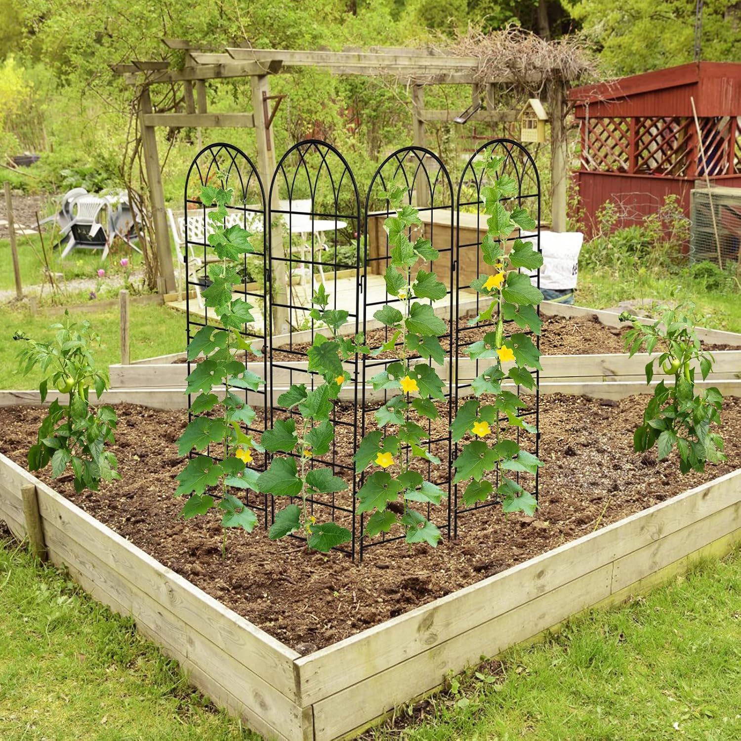DoCred 4 Pack Garden Trellis for Climbing Plants, 59 Inch Metal Plant Trellis for Plant Support, Large Decorative Outdoor Trellis for Climbing Vegetable Flower Rose Vine Cucumber, Black