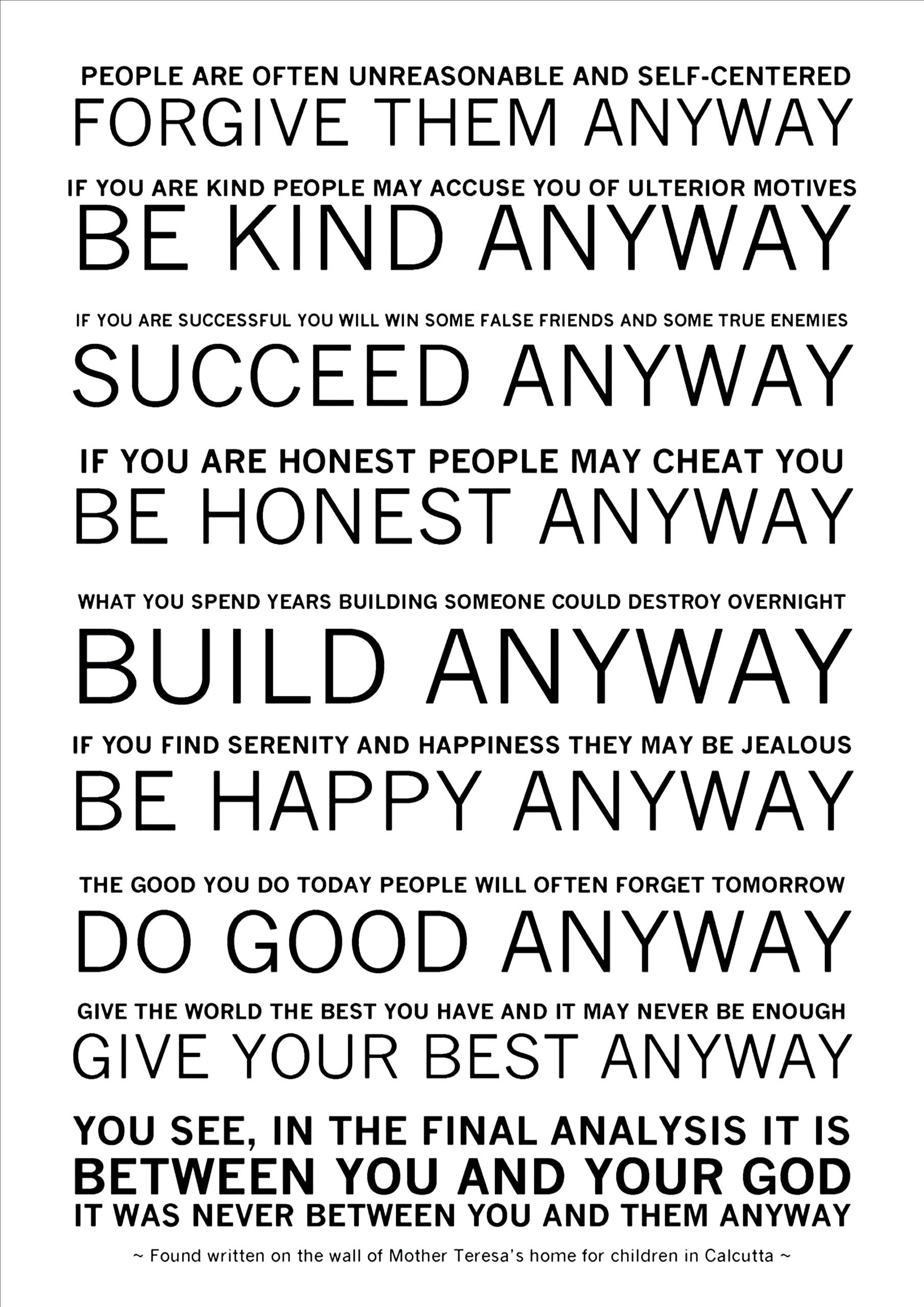 Large (A2 24inch x 16 inch)Inspirational Motivational Quote Sign Poster Print Picture(MOTHER TERESA FORGIVE THEM ANYWAY)