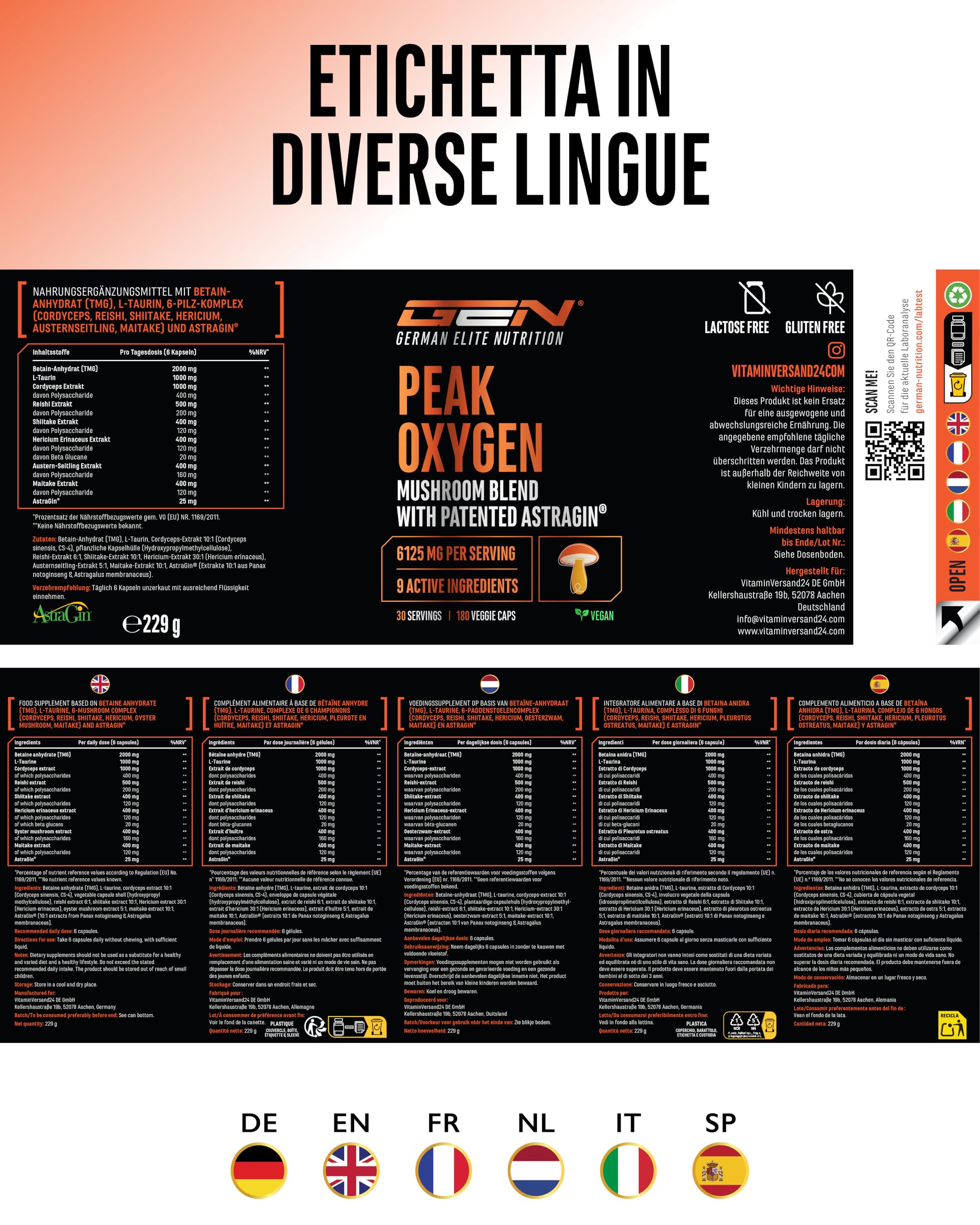 Peak Oxygen - 180 Capsule Vegan - 6125 mg per Dose Giornaliera - Complesso di 6 Funghi con Cordyceps, Reishi, Shiitake, Hericium, Maitake e Pleurotus - TMG, Taurina e Materia Prima di Marca: AstraGin®