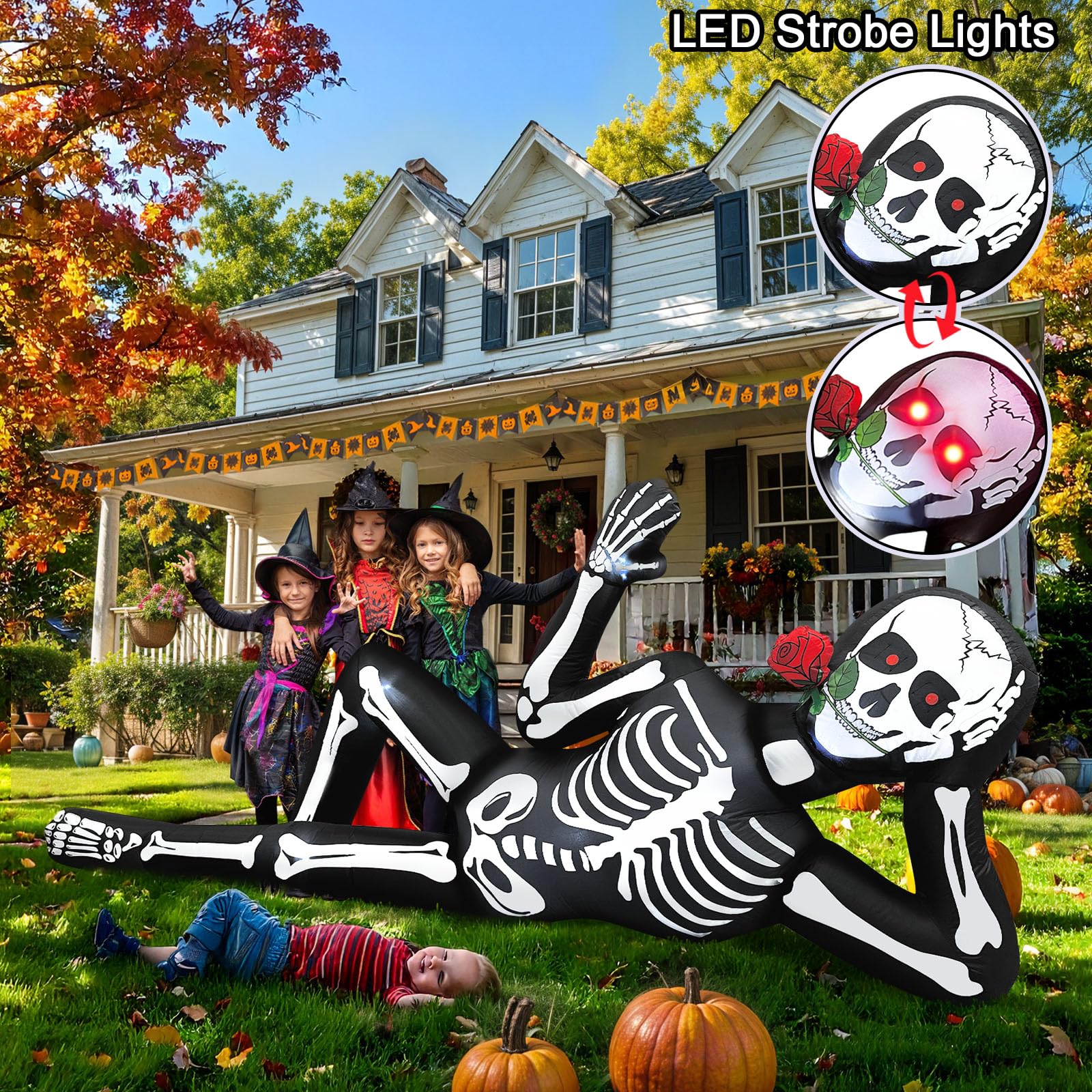 Décoration d'extérieur gonflable d'Halloween de 3 m avec lumières LED, squelette géant allongé pour toit, jardin, pelouse, balcon, vacances, décorations de fête