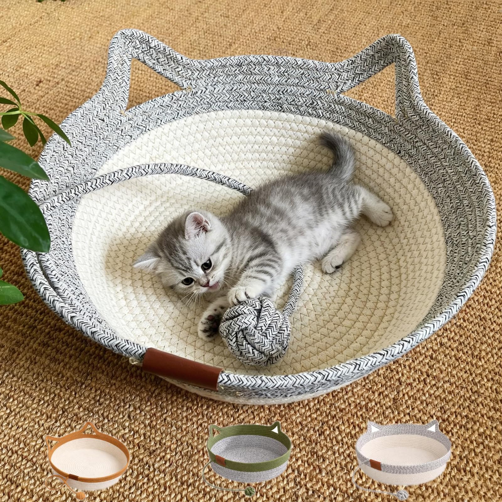 HIDRUO Handwoven Cat Basket with Hanging Ball Toy, Natural Cotton Rope Scratcher with Interactive Toy Ball, Cozy Foldable Nest for Indoor Cats & Kittens (Grayish white, L: (cats under 25 lbs))