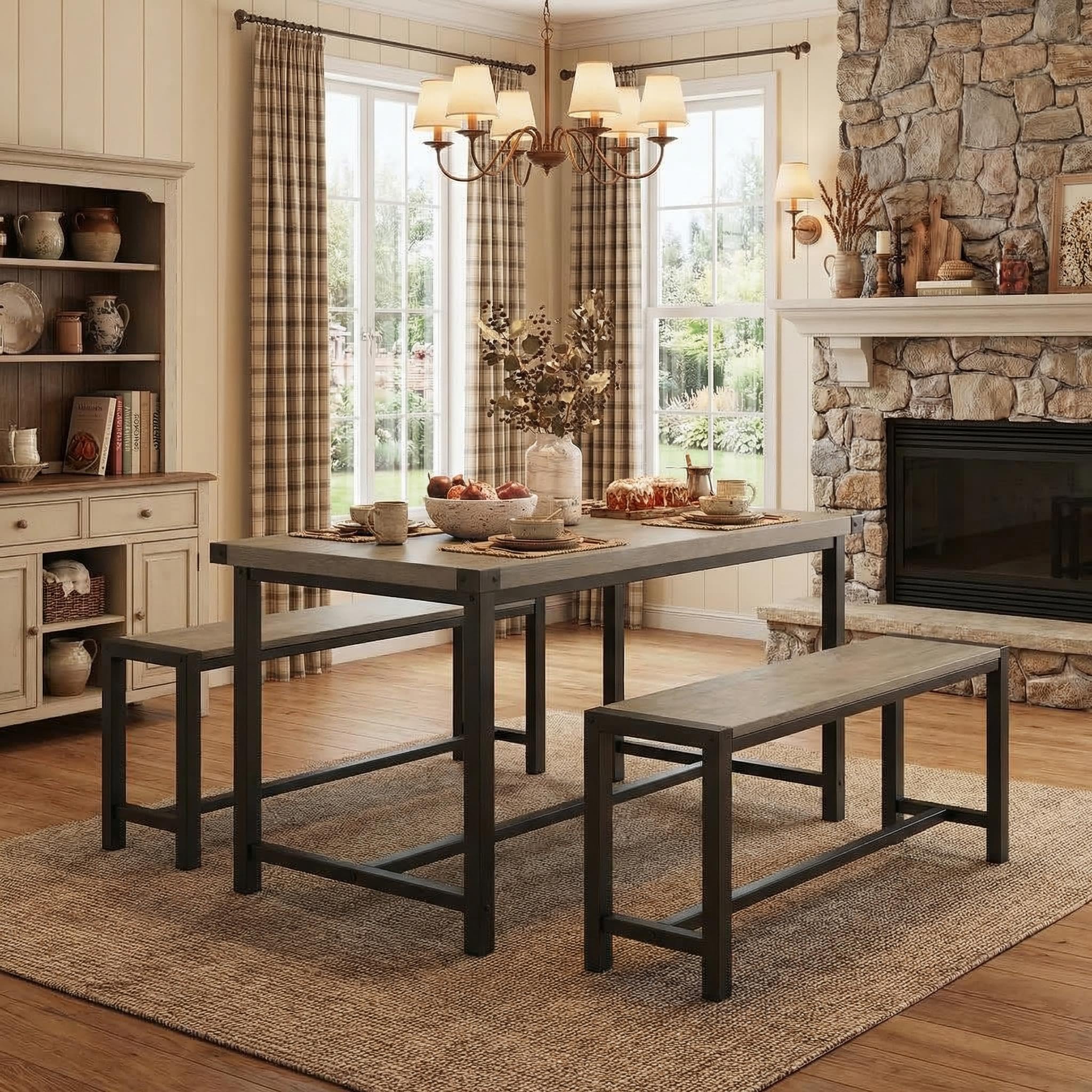 GAOMON Dining Table Set for 4, Wooden Kitchen Table with 2 Benches, 3 Piece Rectangular Dining Room Set, Space Saving Kitchen Tables Sets for Apartment, Small Space, Home, Rustic Gray