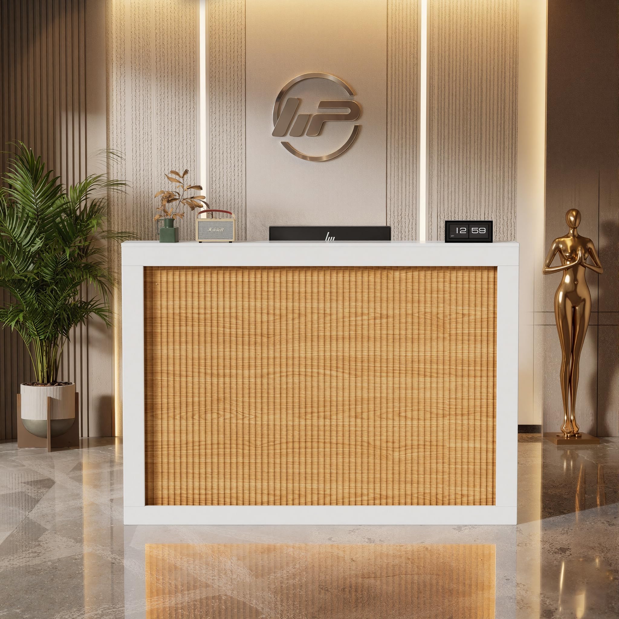 MSFE Bancone Reception con LED,Banco Reception con Cassetto,Armadio,Ripiani Aperti e Prese,Bancone Ufficio per Reception per Parrucchiere, Centro Estetico, Negozio, Hotel e Ufficio,140 * 60 * 110CM