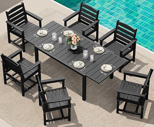 Miniatura 14 de SERWALL Juego de comedor para exteriores de 9 piezas, mesa de comedor expandible de 60 a 83 pulgadas y 8 sillas de polietileno de alta densidad