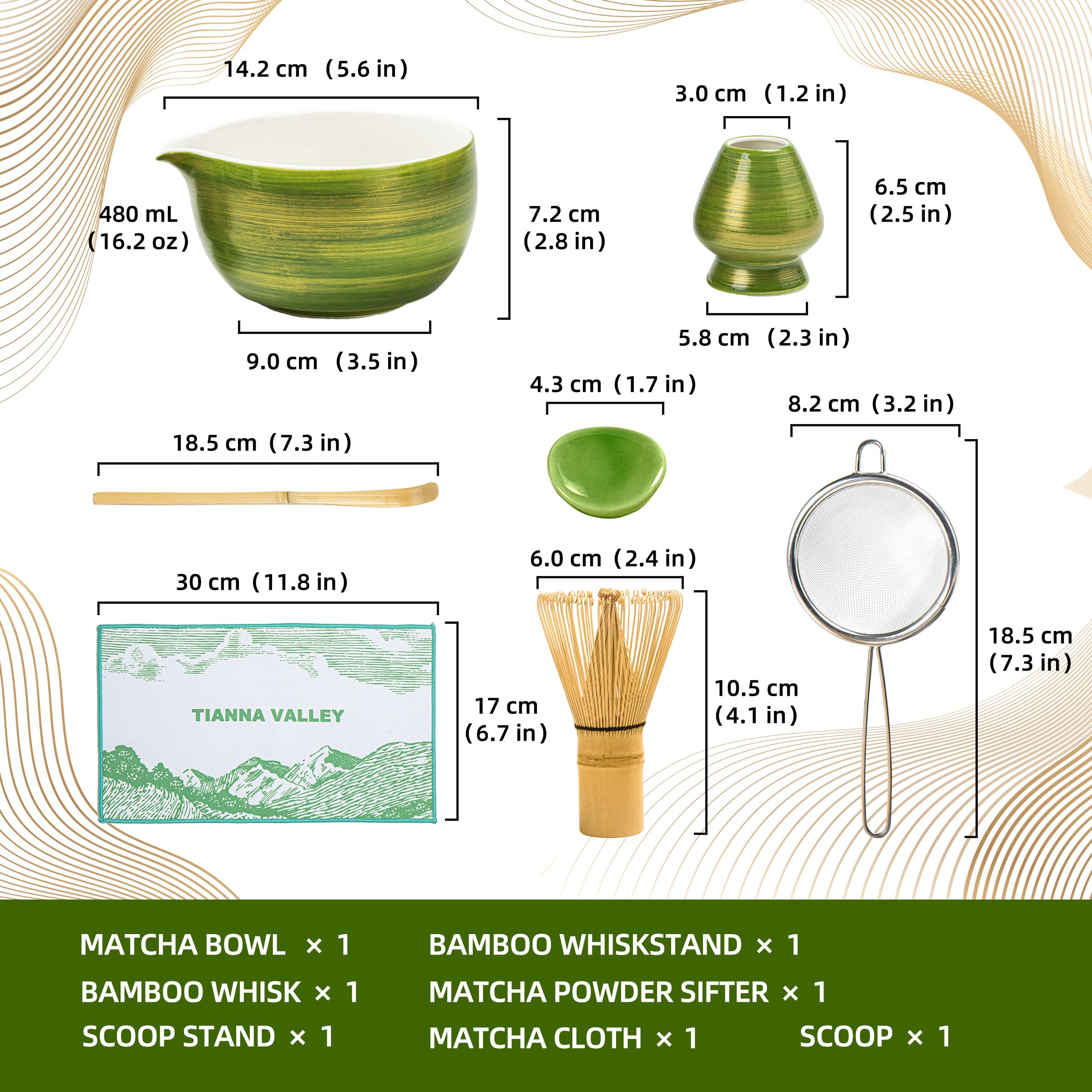 Kit Matcha TIANNA VALLEY 7 Pezzi – Ciotola 510 Ml, Frusta In Bambù, Setaccio E Supporti, Ceramica Tradizionale