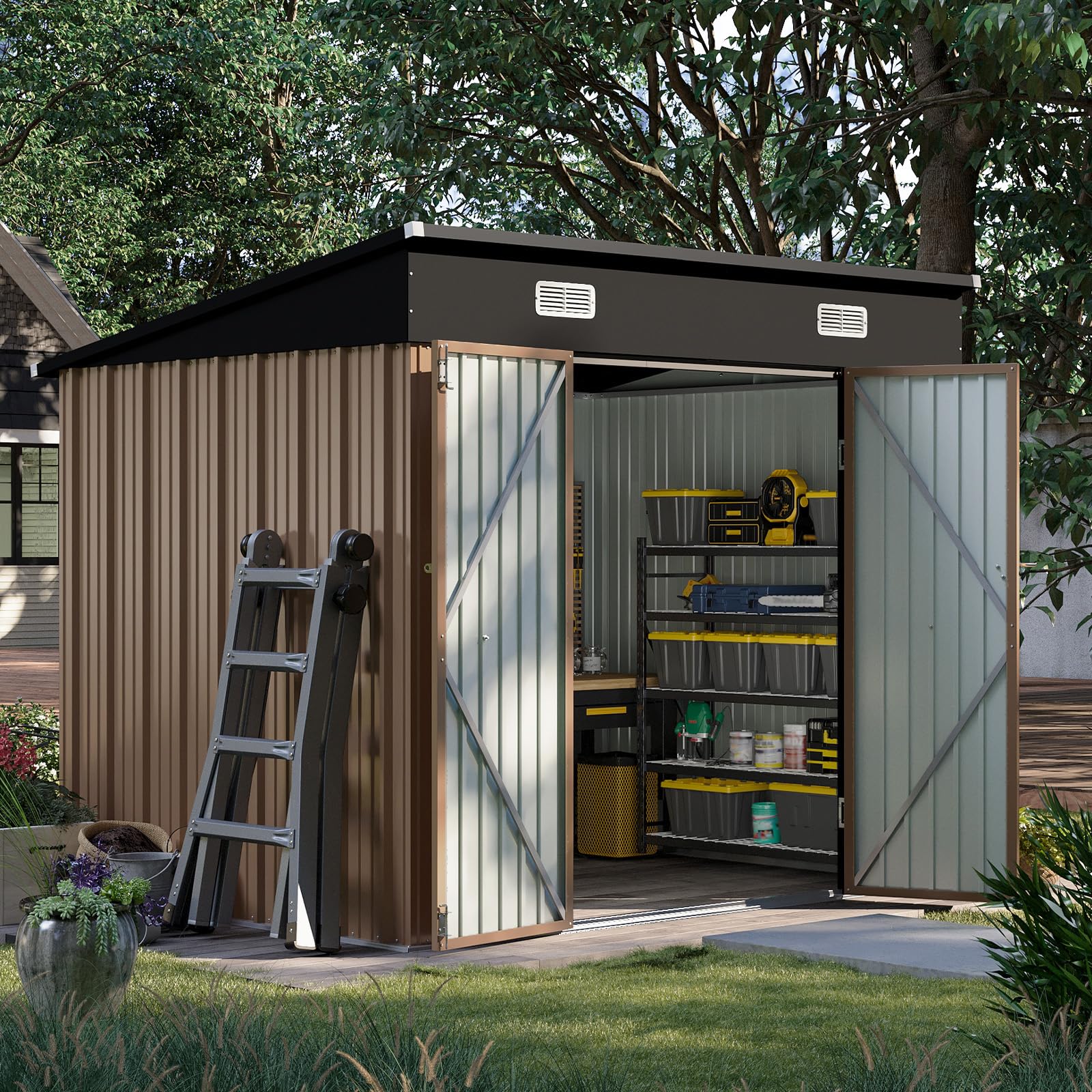 Aoxun Garden Sheds 6x4ft, Metal Shed Bike Tool Shed, Sheds and Outdoor Storage with Lockable Doors & Slooping for Backyard, Patio, Poolside,Brown — view 22