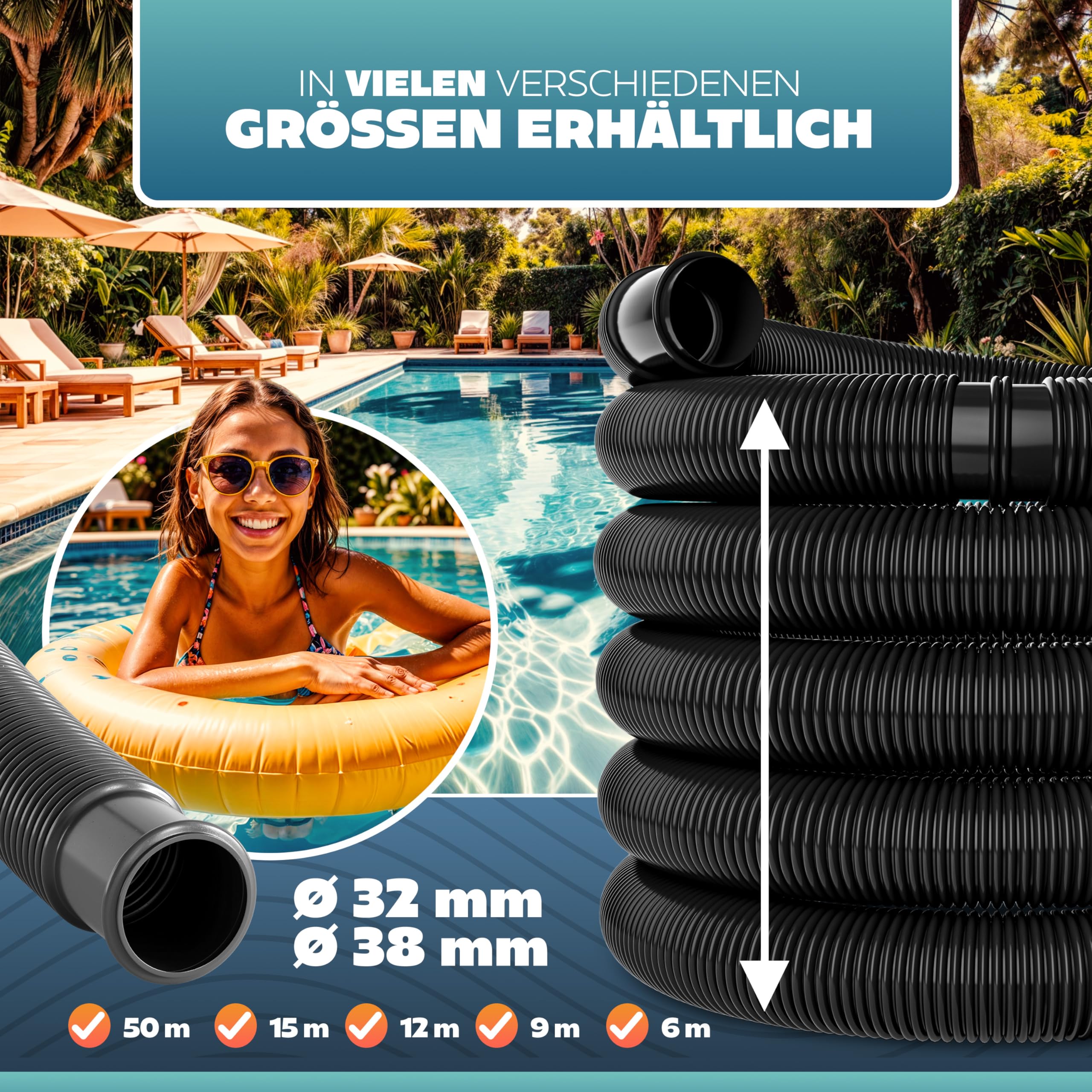 poolomio® Basenowy Wąż 32 mm / 9 m Czarny | Elastyczny Solarny do Pompy, Ogrzewania Basenu i Maty Solarnej | Stabilny 1 1/4" Odporny na Promieniowanie UV, Ssący
