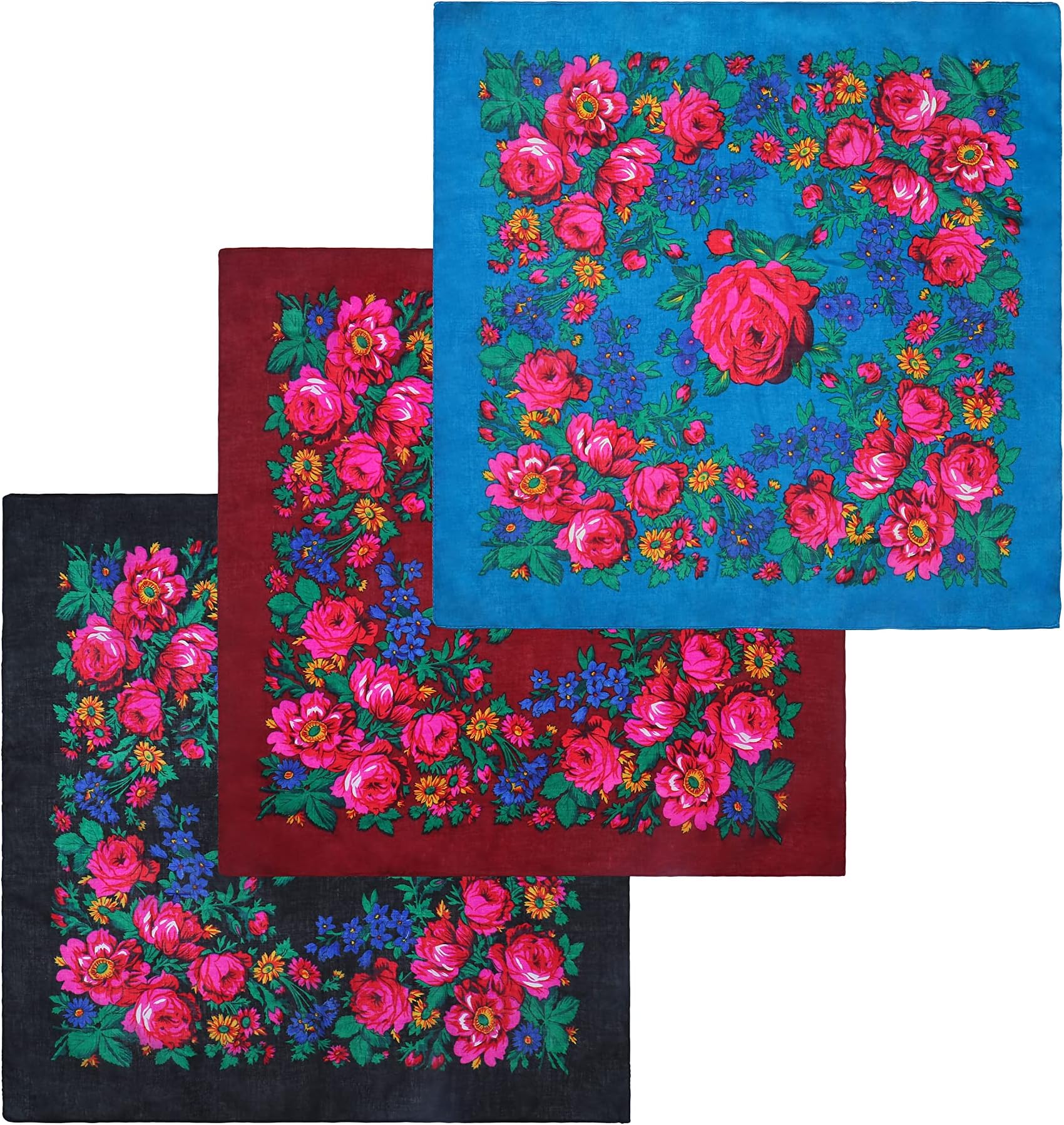 Acrylic Bandana Printed Hair Scarf Square Ukrainian Head Scarf Floral Babushka Neck Scarf for Women 30"/42"/60"