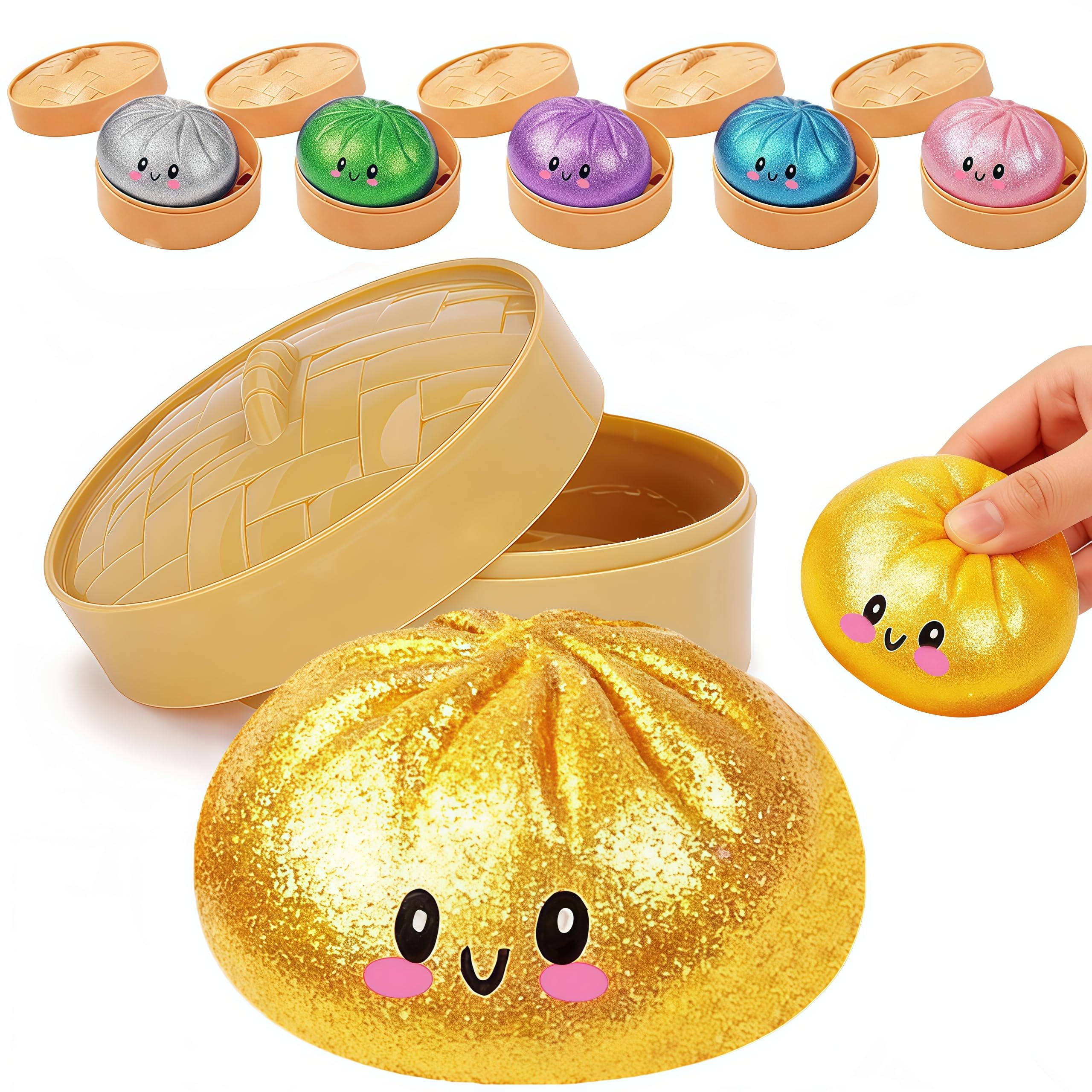 2Pcs Squishy Steamed Bun Fidget Toy, Glitter Dumpling Design Squeeze Toy with Steamer Baskets, Soft Decompression Squeeze Ball for Adults Teens(Random Style)
