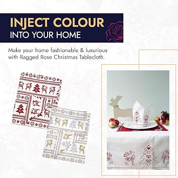 Ragged Rose Christmas Table Cloth - Festive Linen Tablecloth with Nordic Style Prints for Living Room & Kitchen - Cotton Tablecloth That Fits a 6-7 Ft Table - Red Christmas Star Print