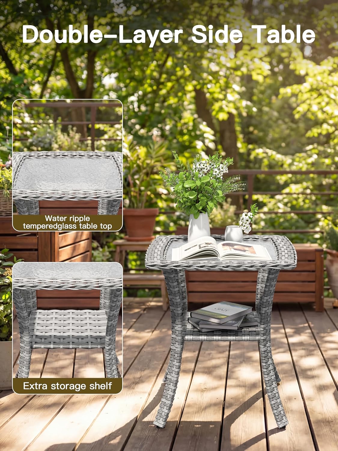 3-Piece Patio Furniture Set, Outdoor Swivel Rocking Chairs with 4" Thick Cushions & Side Table, All-Weather PE Rattan & Rust-Resistant Steel Frame Conversation Set for Porch, Garden, Backyard, Blue