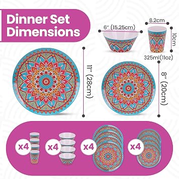 WedDecor 16Pcs Moroccan Design Melamine Dinnerware Sets for 4 People