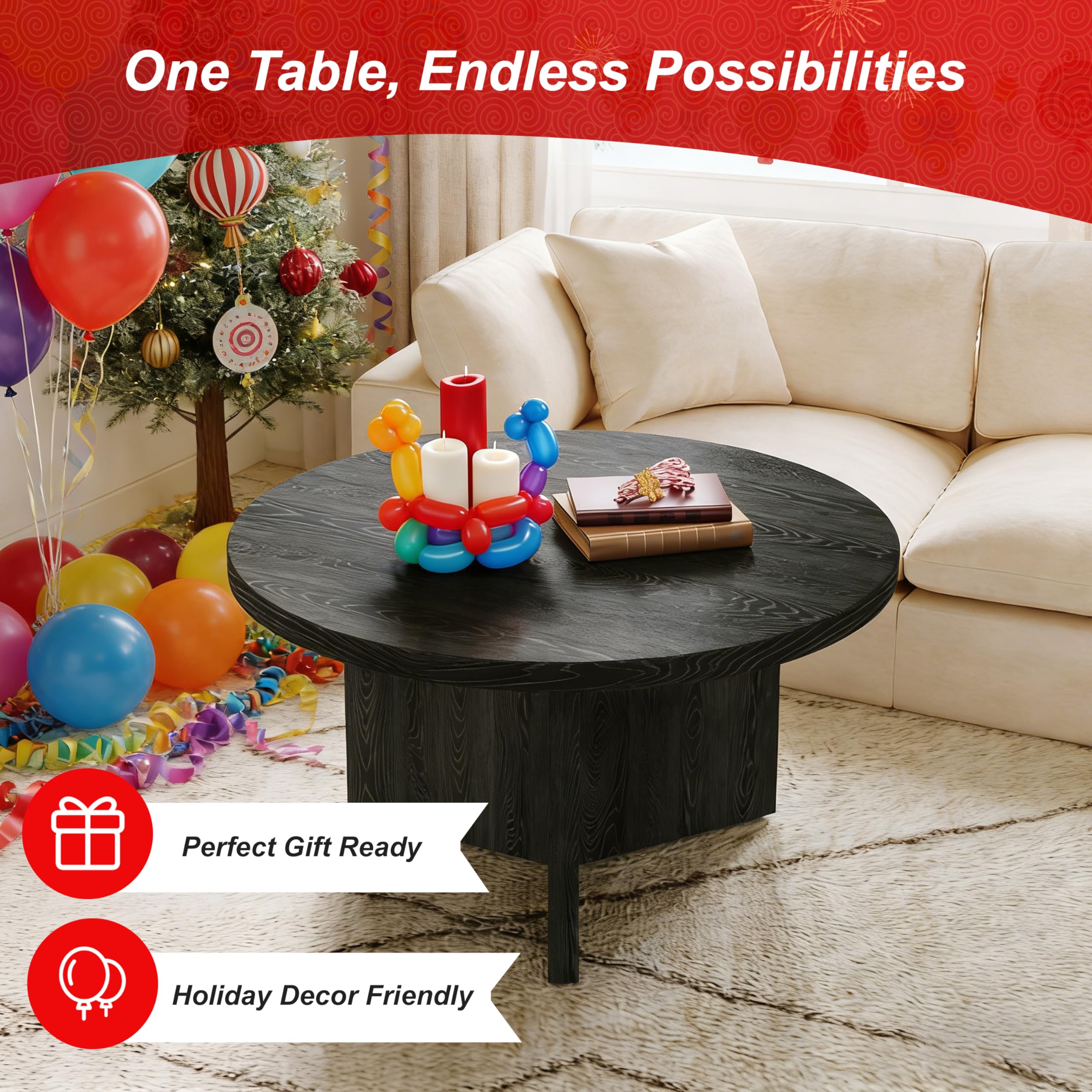 Luoxiao Round Coffee Table 27.5" Modern Black Coffee Tables for Living Room | Small Center Tables for Apartment, Rounded Edges, Sturdy Construction,Thick Tabletop, Easy Assembly, Circle Accent Table