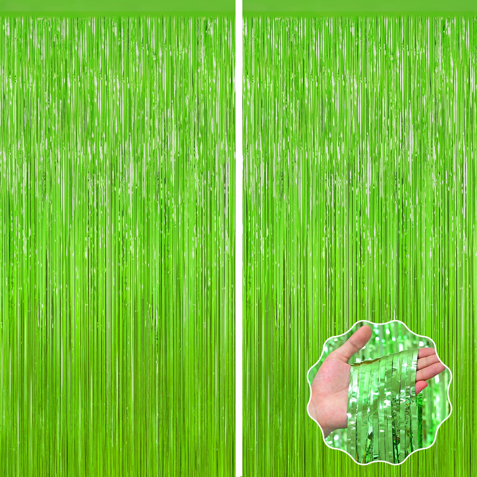 Sage Green Foil Fringe Curtain, 2Pack Metallic Tinsel Streamer Party Decors