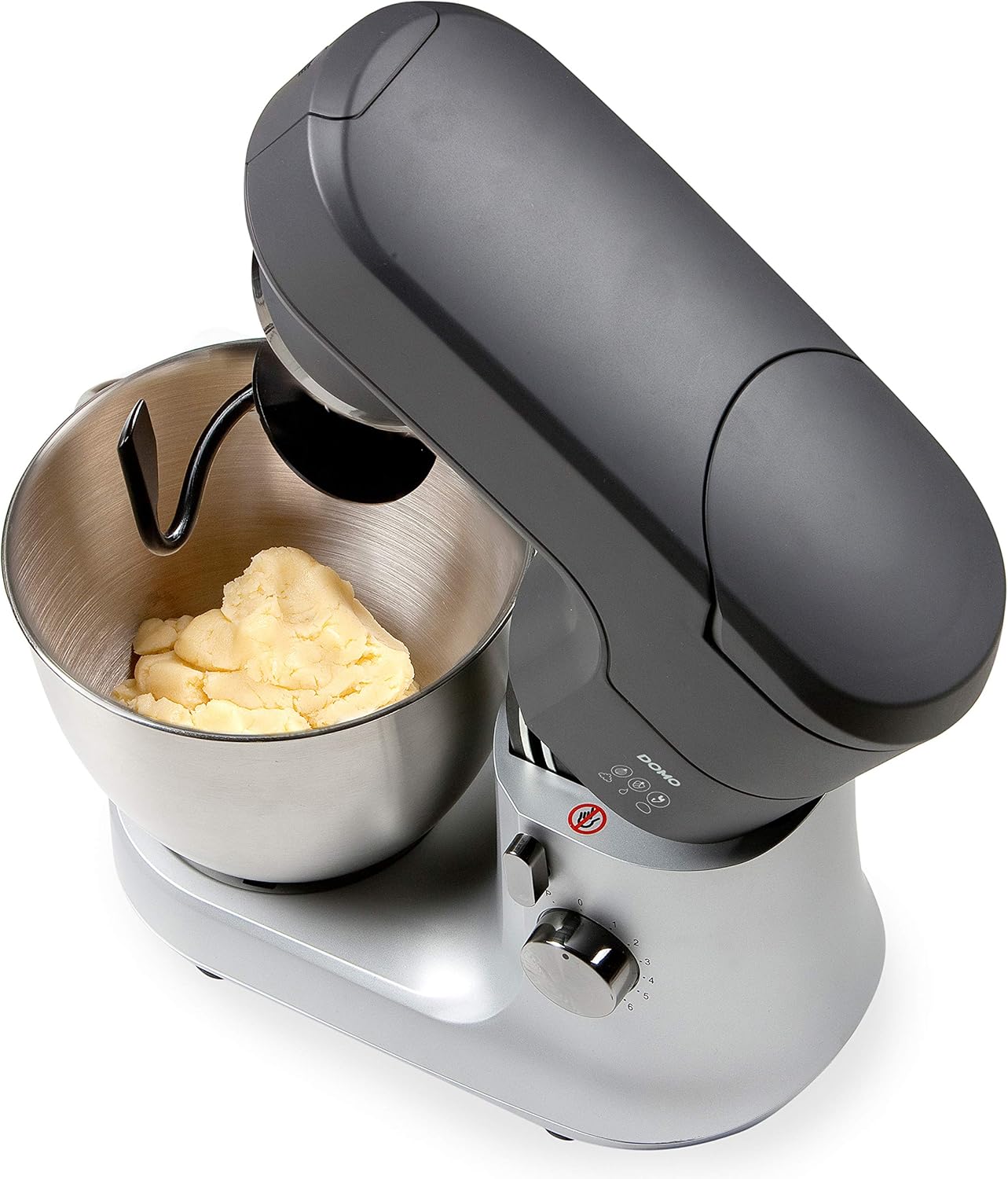 Kitchen machine kneading dough with dough hook