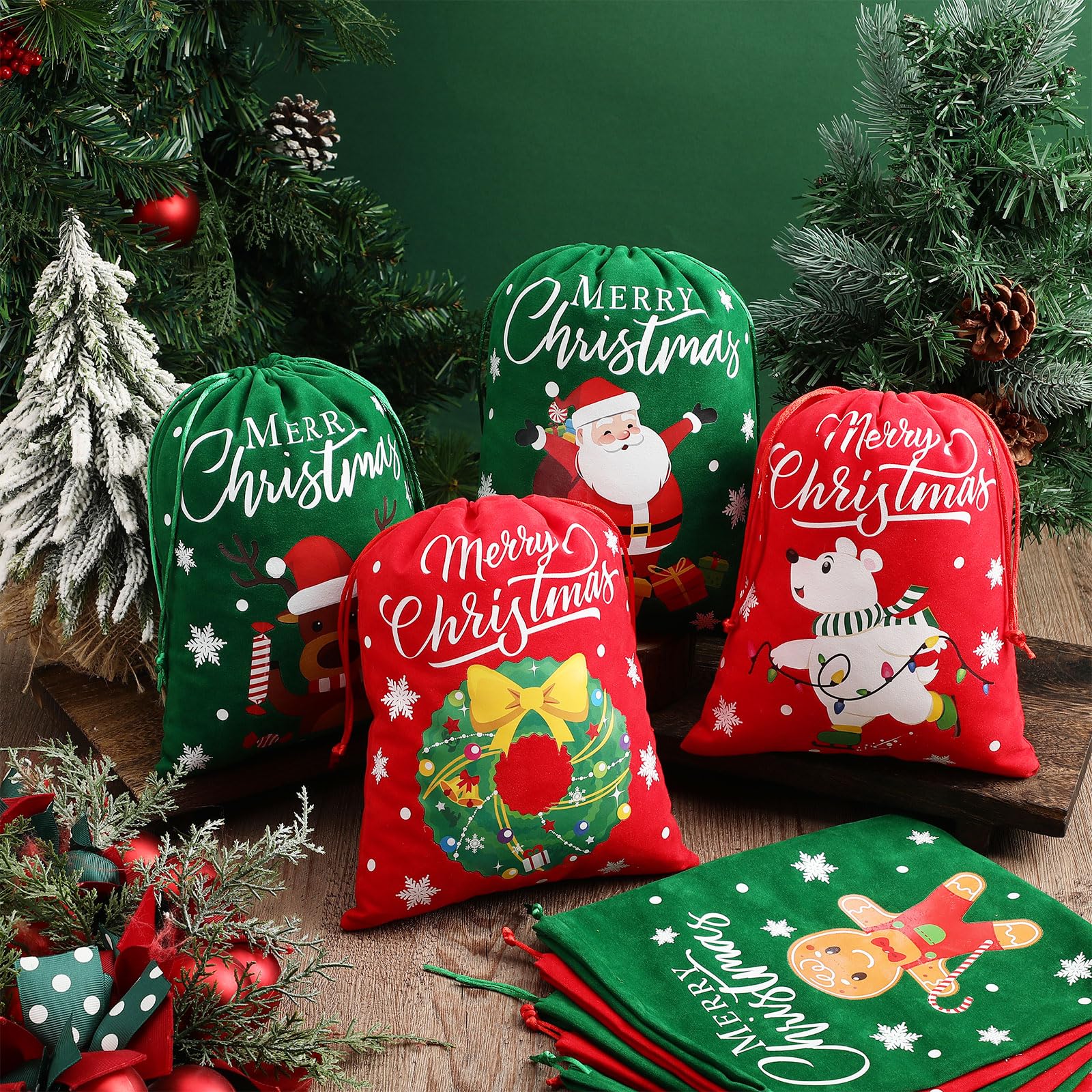 Abbylike 20 bolsas de franela de Navidad con cordón a granel, bolsas de regalo de Navidad de Papá Noel, bolsas de regalo de Navidad de tamaño mediano para envolver dulces para regalos de fiesta, 7.87