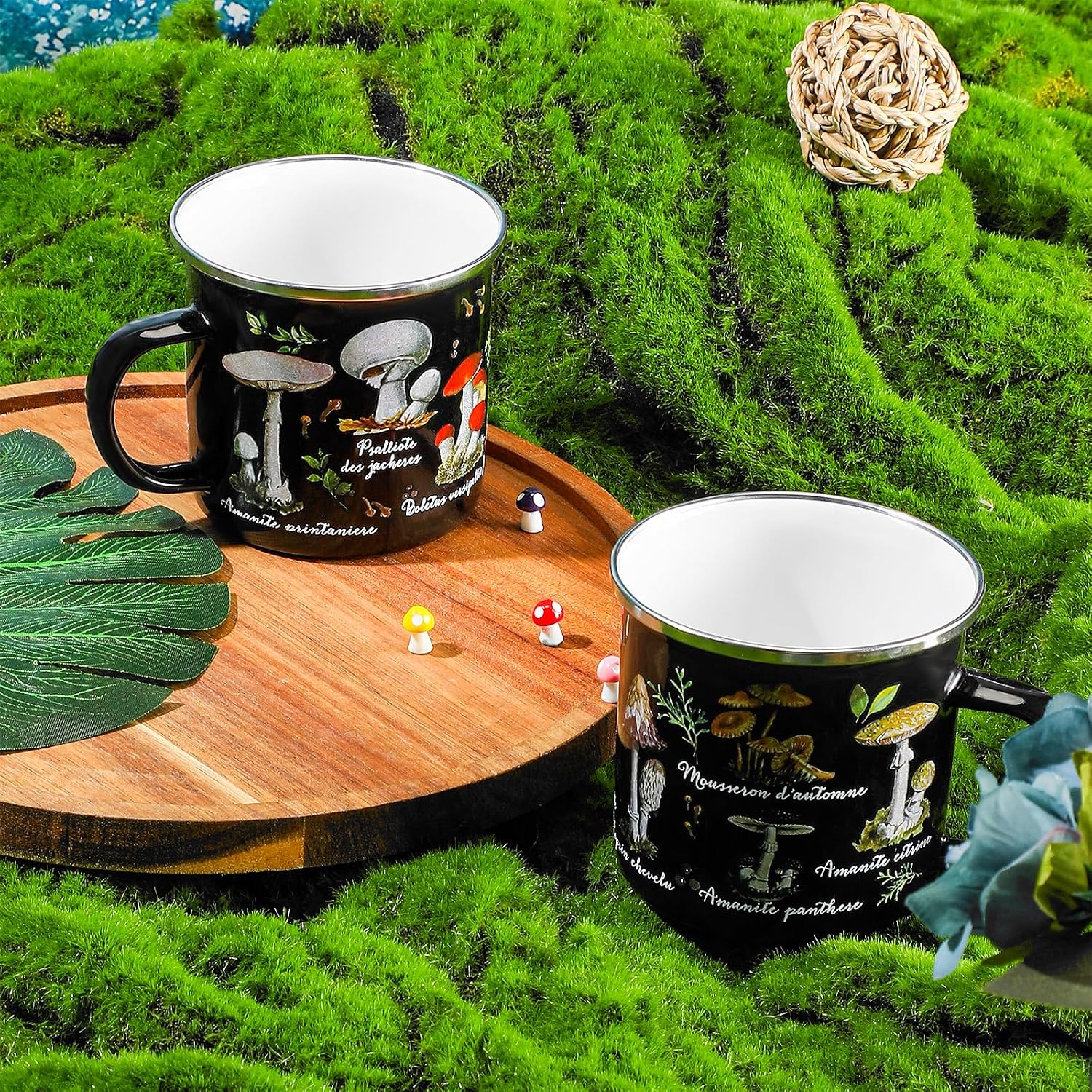 Cunhill 2 Pieces Mushroom Enamel Mug Set Kawaii Mushroom Coffee Cup Thank You Gift Enamel Camp Mug Cute Decor Tin Tumbler Travel Spring Hiking Walking Camping(Black)