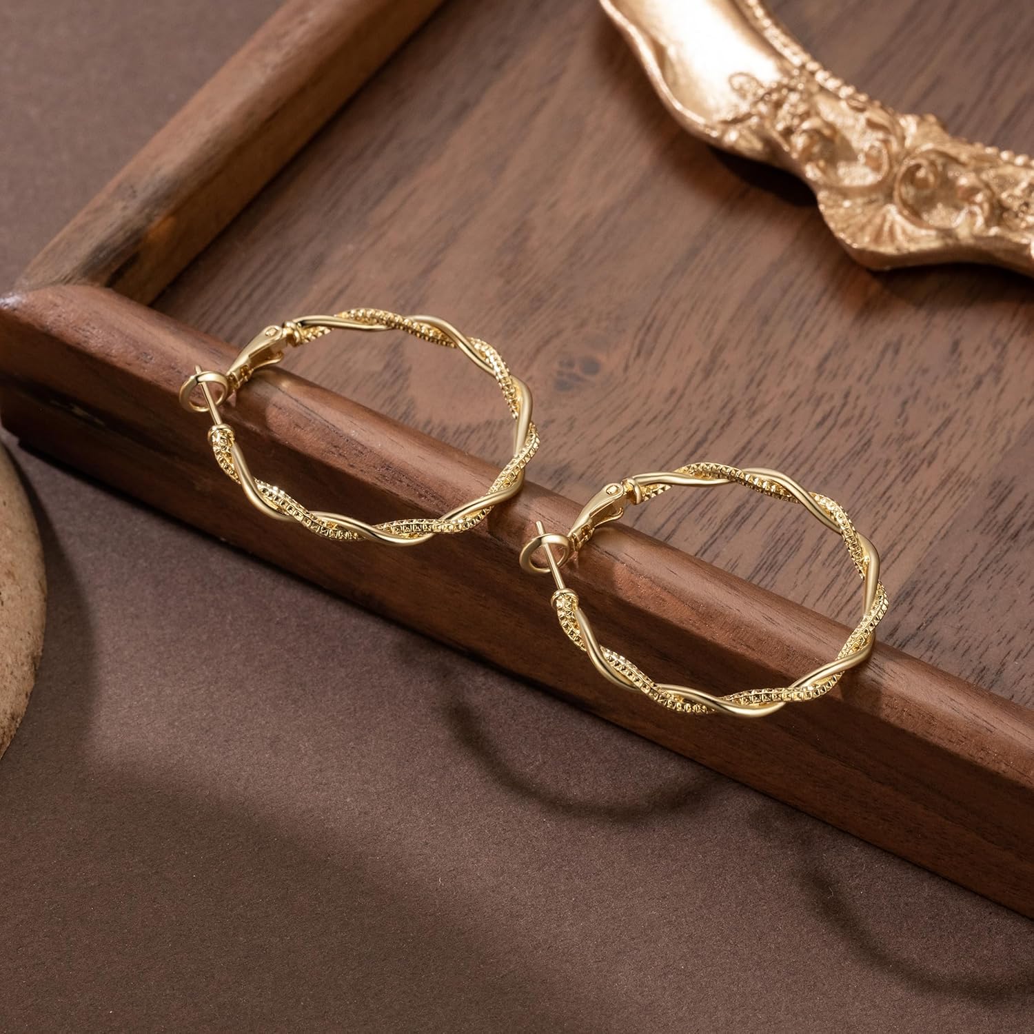 Gold Hoop Earrings for Women 14K Gold Earrings for Women Hoop Earring for Womens Hoops Twisted Design with Sculpted Texture Hoops Earring for Womens 34mm - Image 7