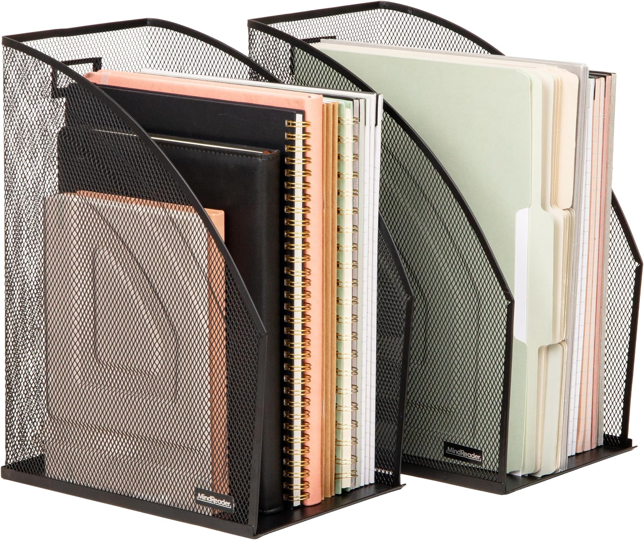 Mind Reader Vertical File Organizers, Desktop File Holders for Folders, Magazines, and Paperwork, Workspace Organizer, Metal Mesh, Set of 2, Black