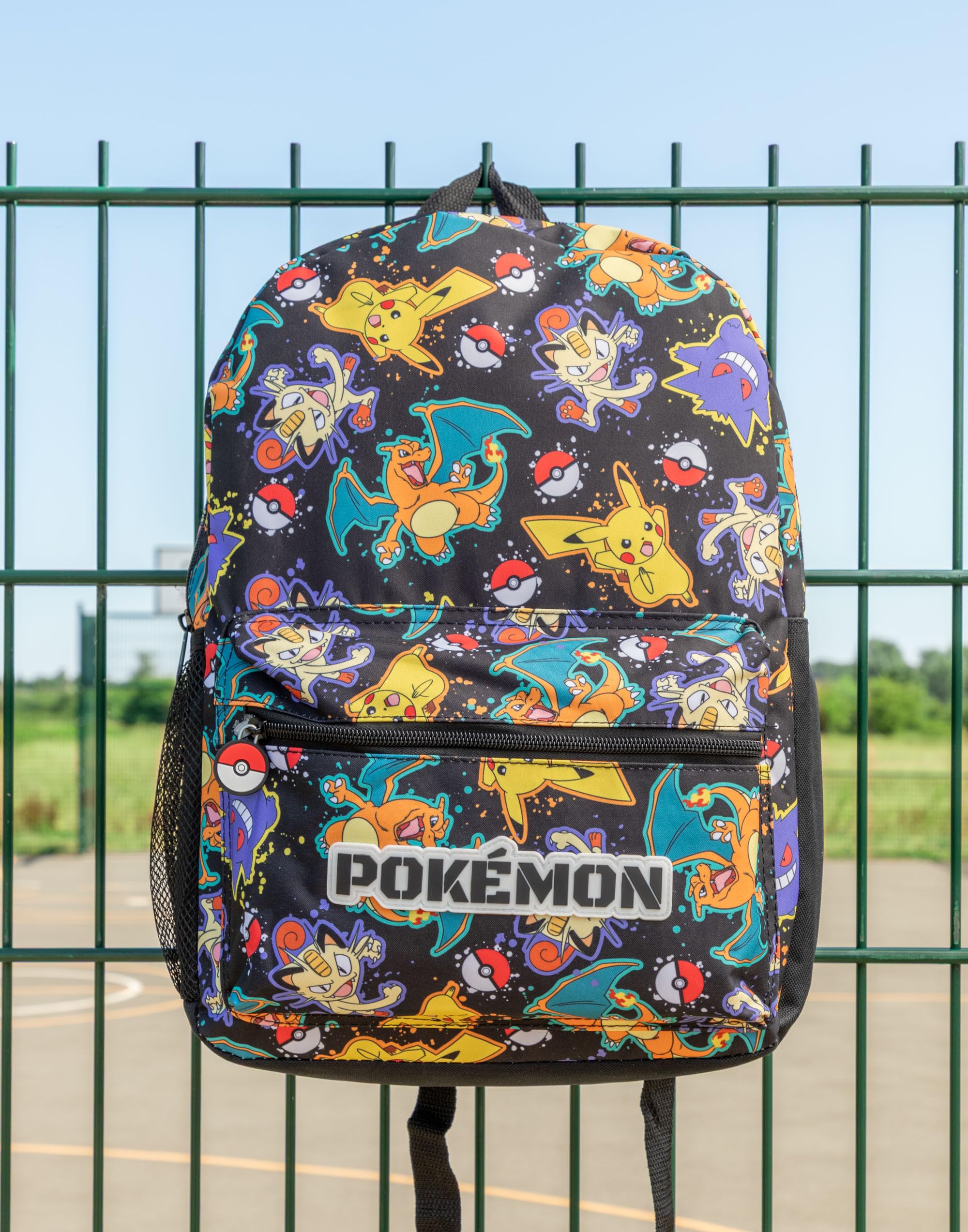 Pokémon Mochila Pikachu Charizard Gengar Meowth en Negro | Personaje infantil Bolsa estampada por toda la prenda | Correas de hombro ajustables, bolsillo frontal y soporte de malla