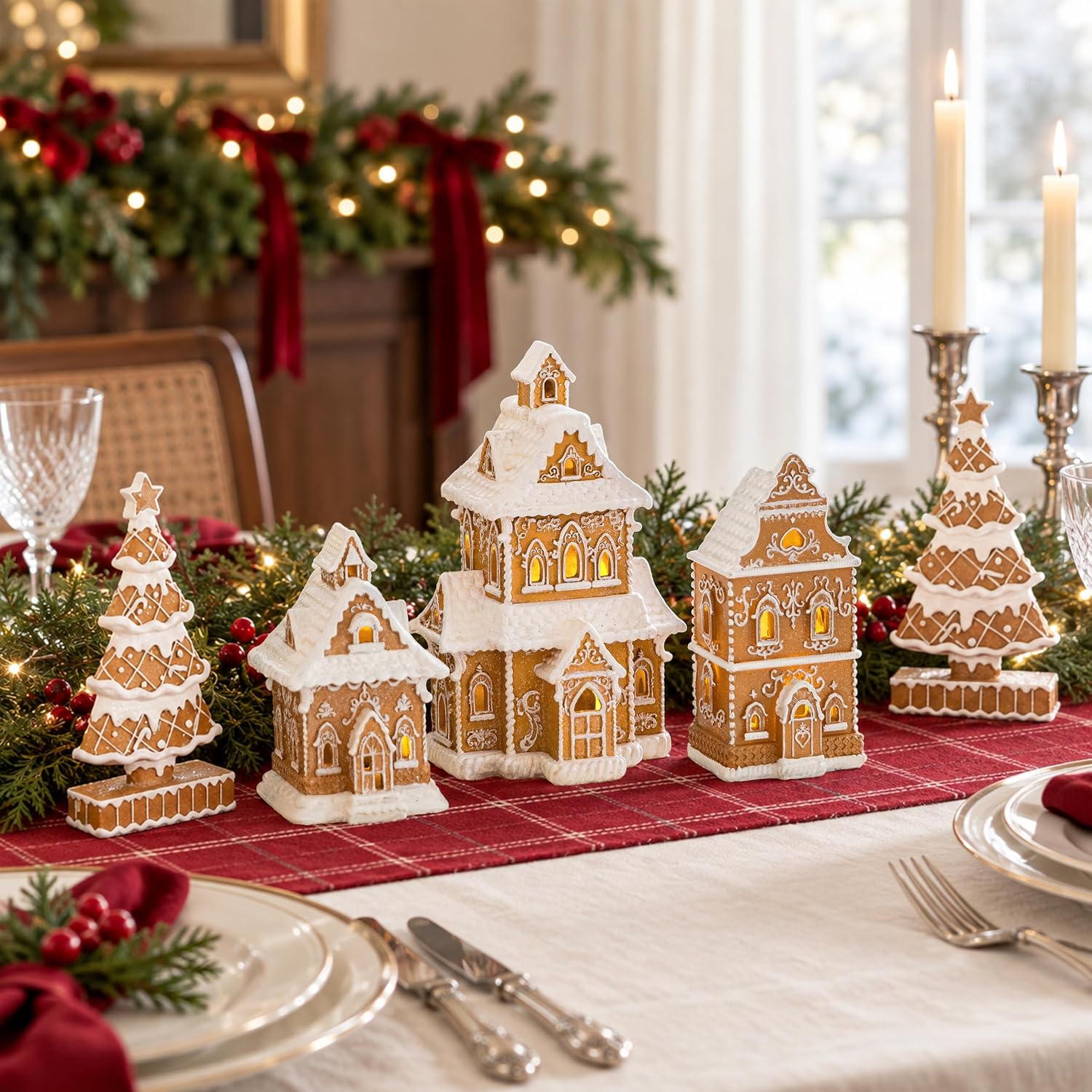 Gingerbread House Christmas Decorations - 5PCS Village Set with Trees