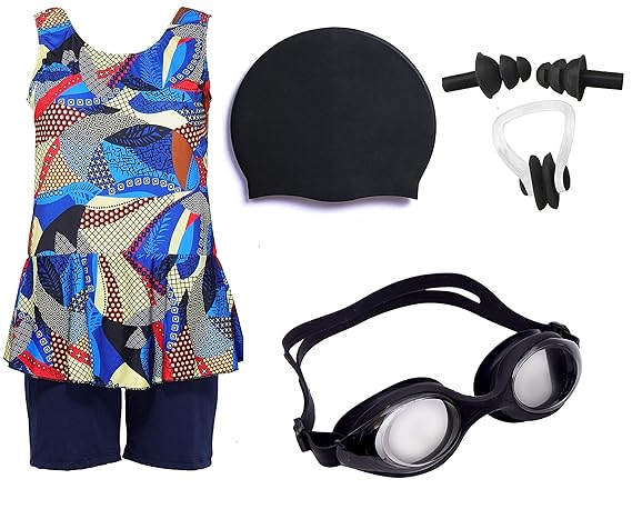 Wetex Premium Girls Swimming Kit with Swimming Costume Swimming Goggles Silicone Swimming Cap Ear Plug and Nose Plug (Black)
