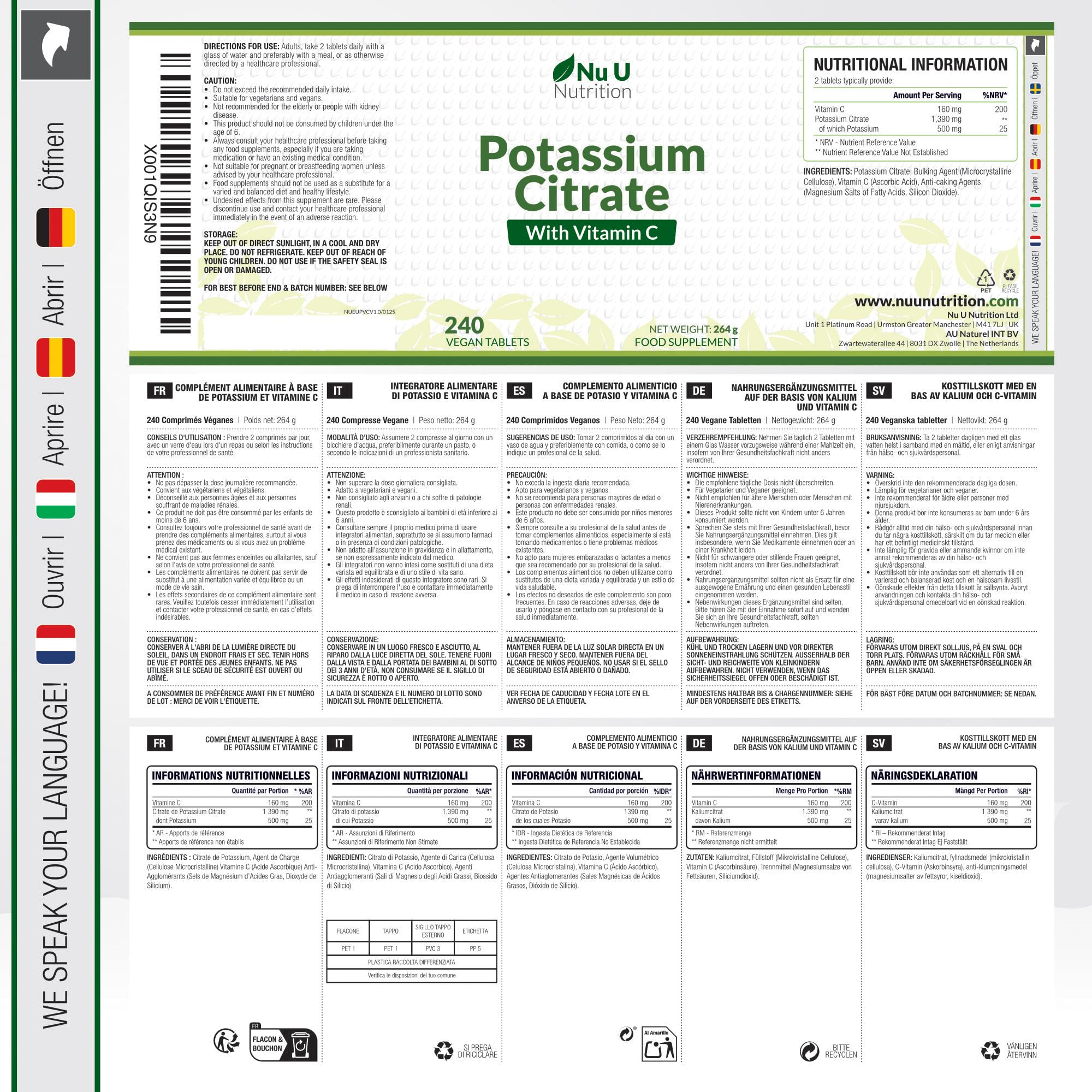 Potassio 1550 mg & Vitamina C - 240 Compresse Vegane - 4 Mesi di Scorta - Citrato di Potassio ad Alta Potenza - Prodotto in Europa - Nu U Nutrition