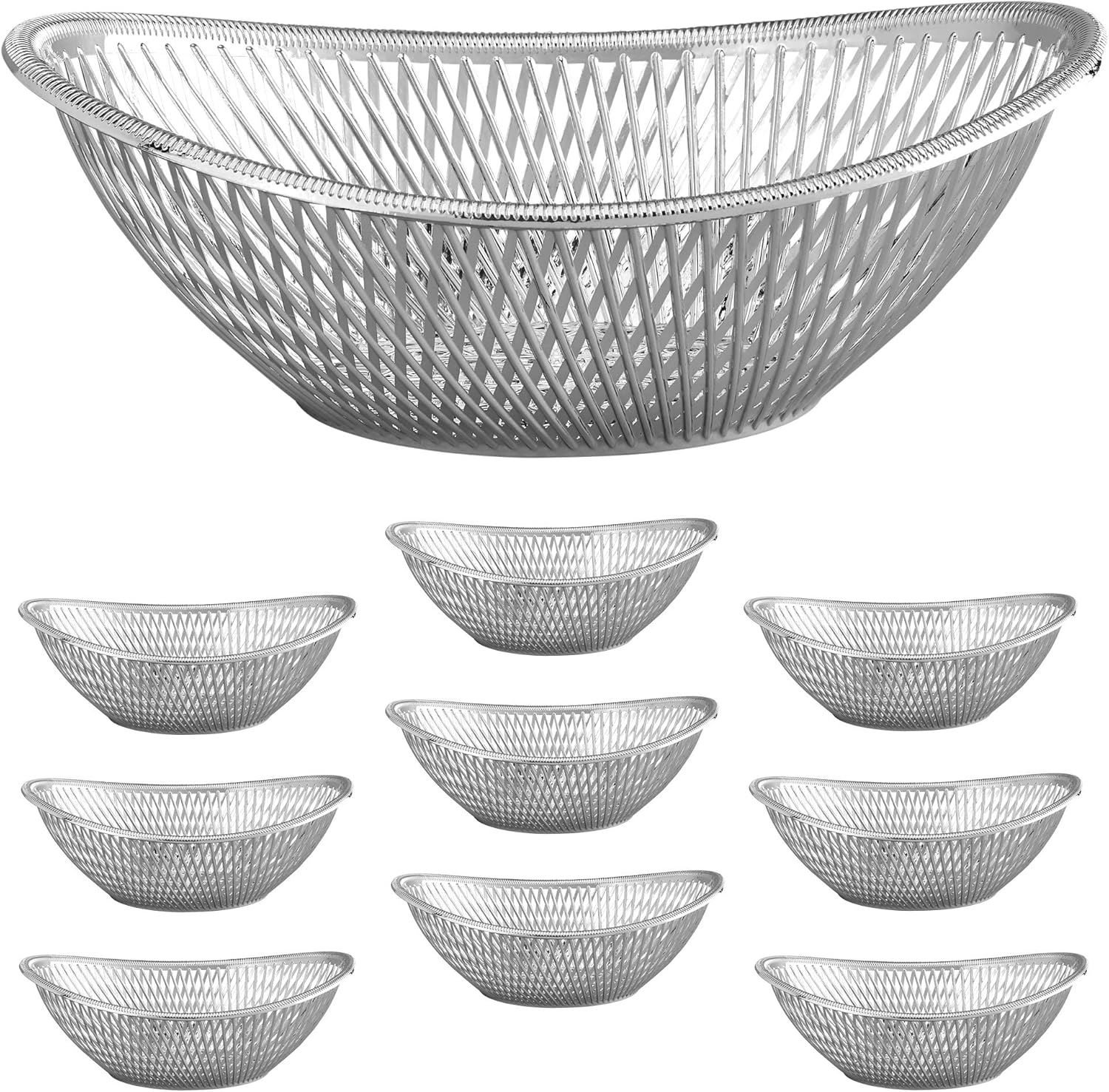 Large Plastic Silver Bread Baskets 10pk. Reusable 12” Oval Food