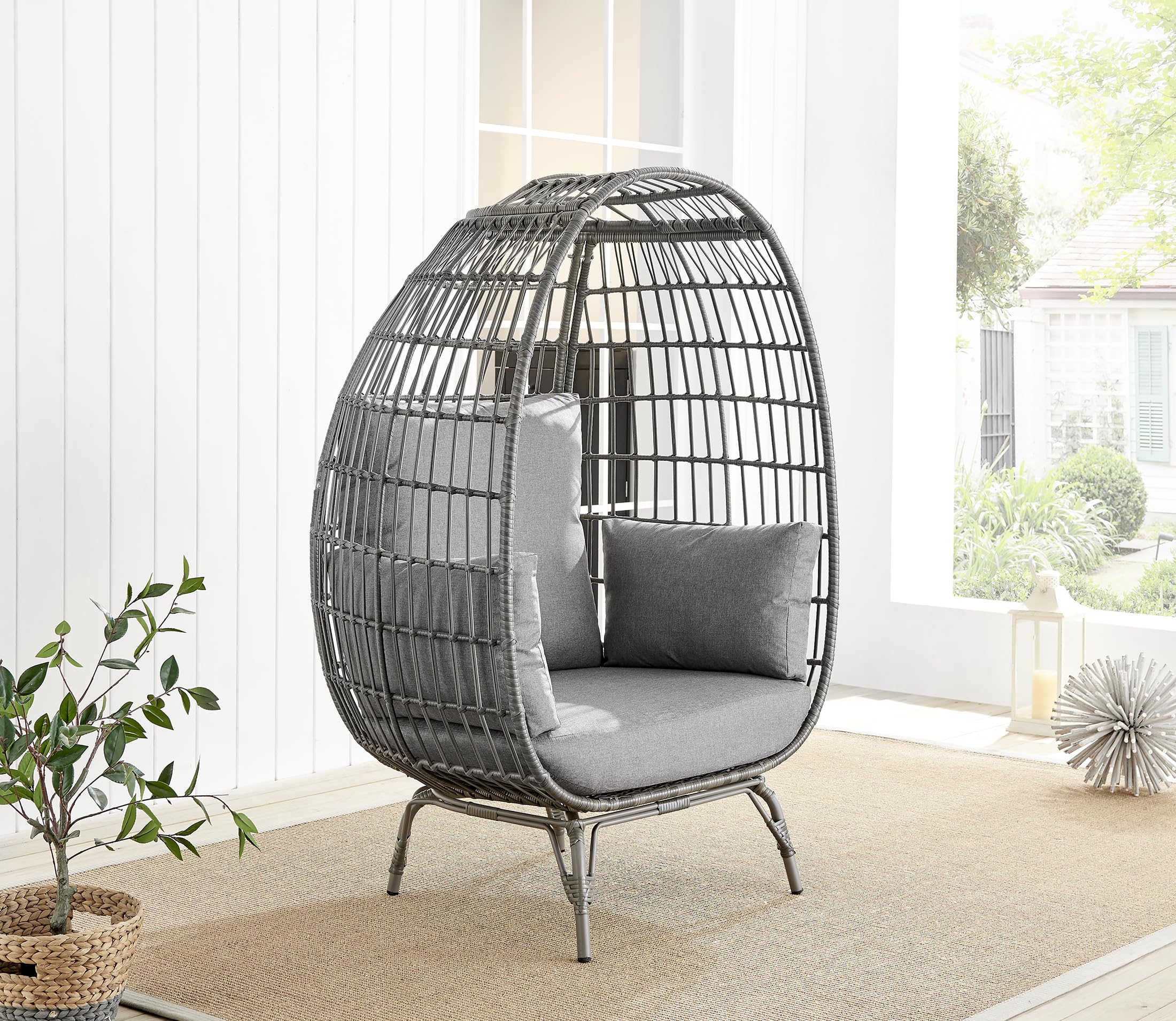 Furniturebox UK Grey Rattan Garden Egg Chair in PE Resin Rattan for Outdoors and 15cm Luxuriously Thick Cushions - Perfect Cosy Seat for One
