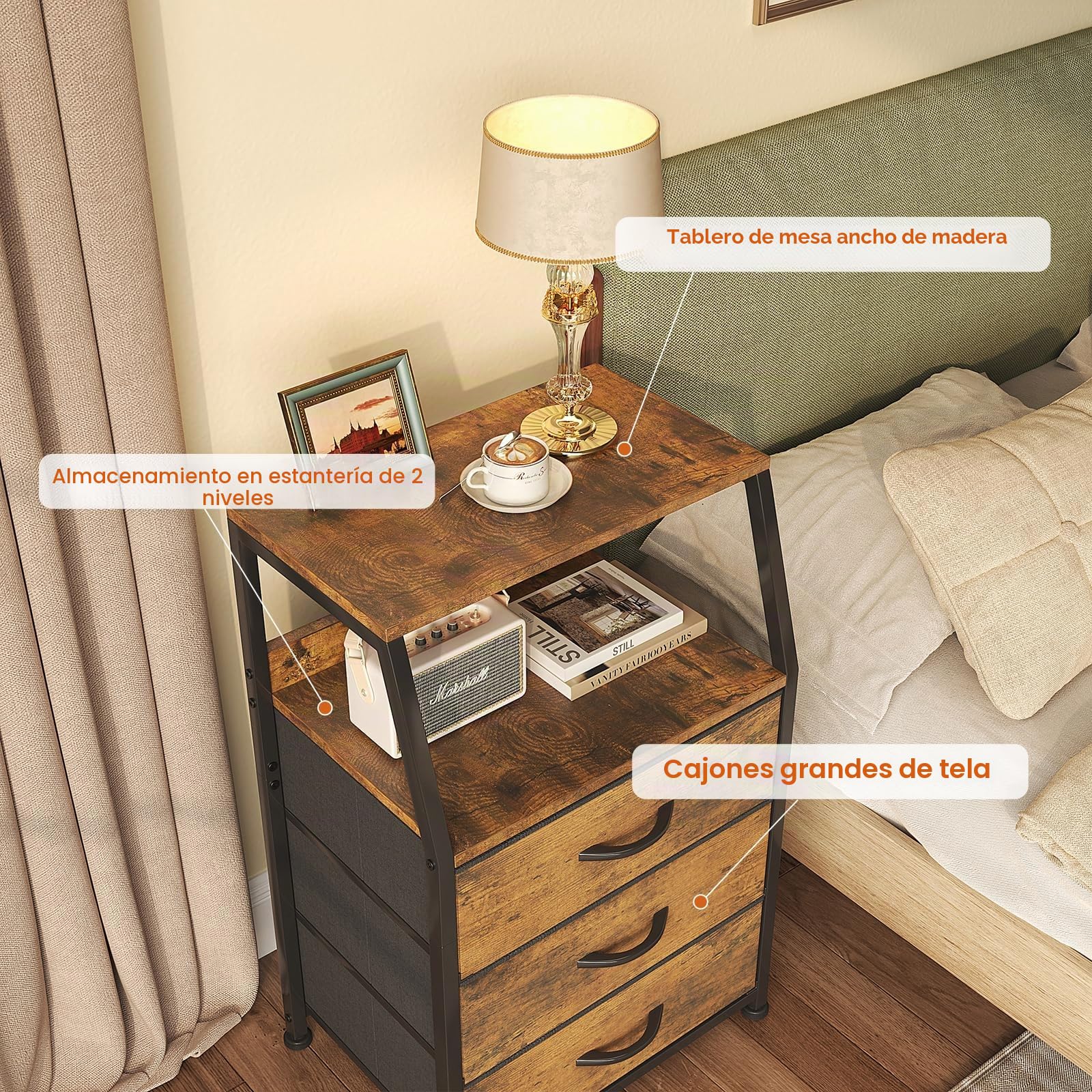 CAIYUN Cómoda, mesita de noche, mesa auxiliar, cómoda con 3 cajones, cómoda para dormitorio, armario, armario de almacenamiento Fácil de montar, estable (Marrón rústico, 3 capas)