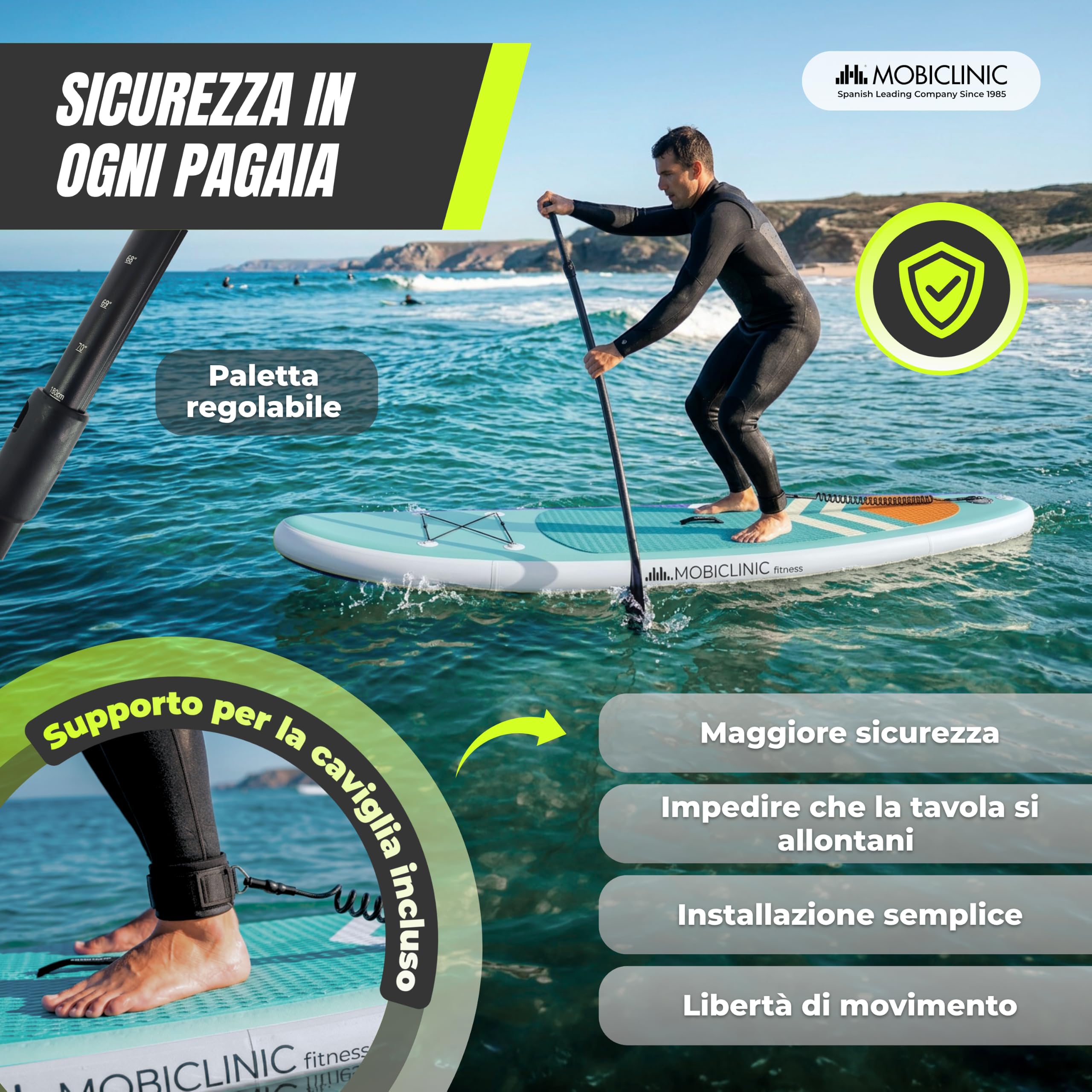 Mobiclinic®, Tavola da Sup Gonfiabile, Stand up Paddle, Pompa, Zaino, Pagaia Regolabile, Kit di Riparazione, 315x78x15 cm, Pieghevole, Per Bambini, Adulti e Animali Domestici