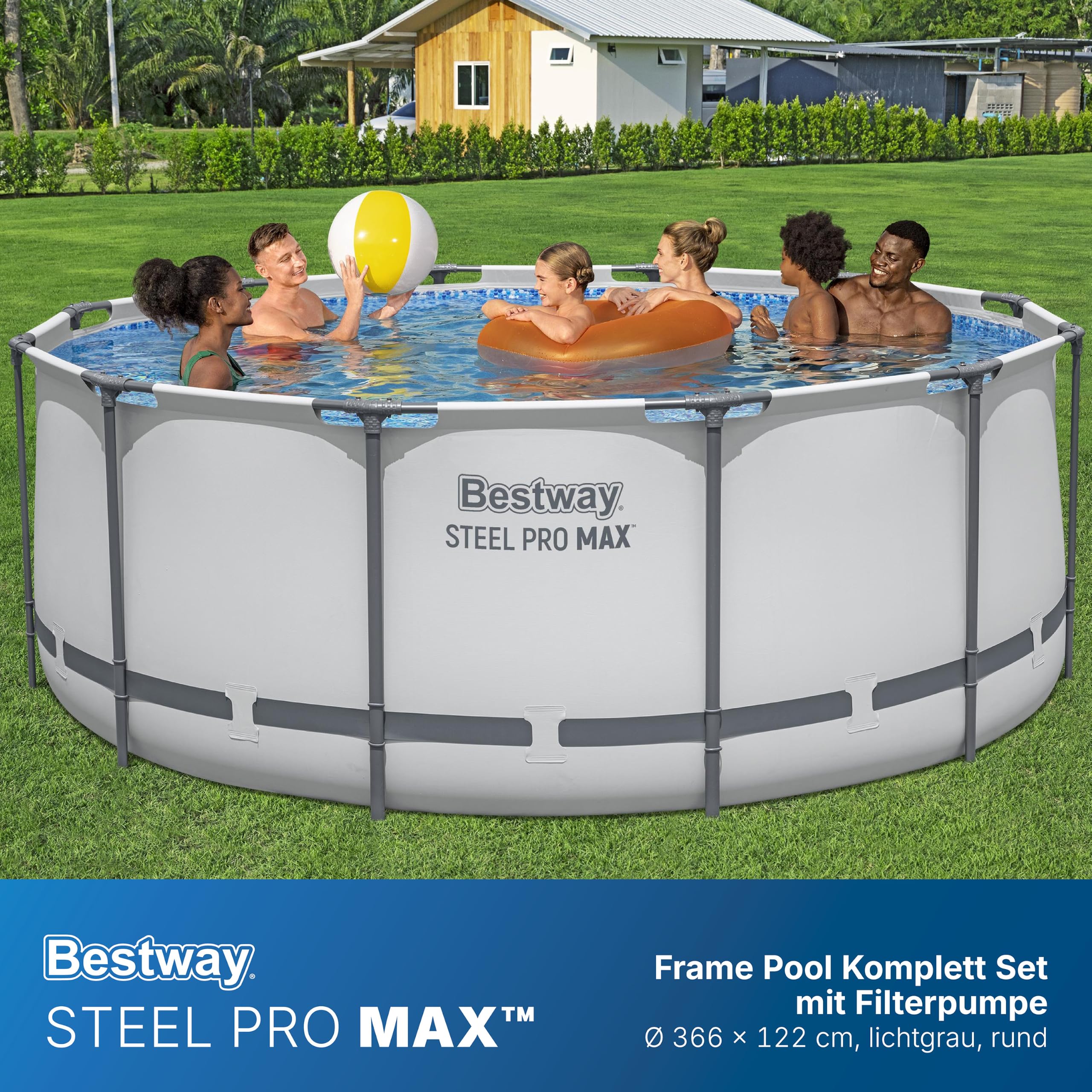 Bestway Aufstellpool rund 366x122 cm Komplett-Set mit Filterpumpe 10.250 L TriTech-Material Kieselmosaik-Optik