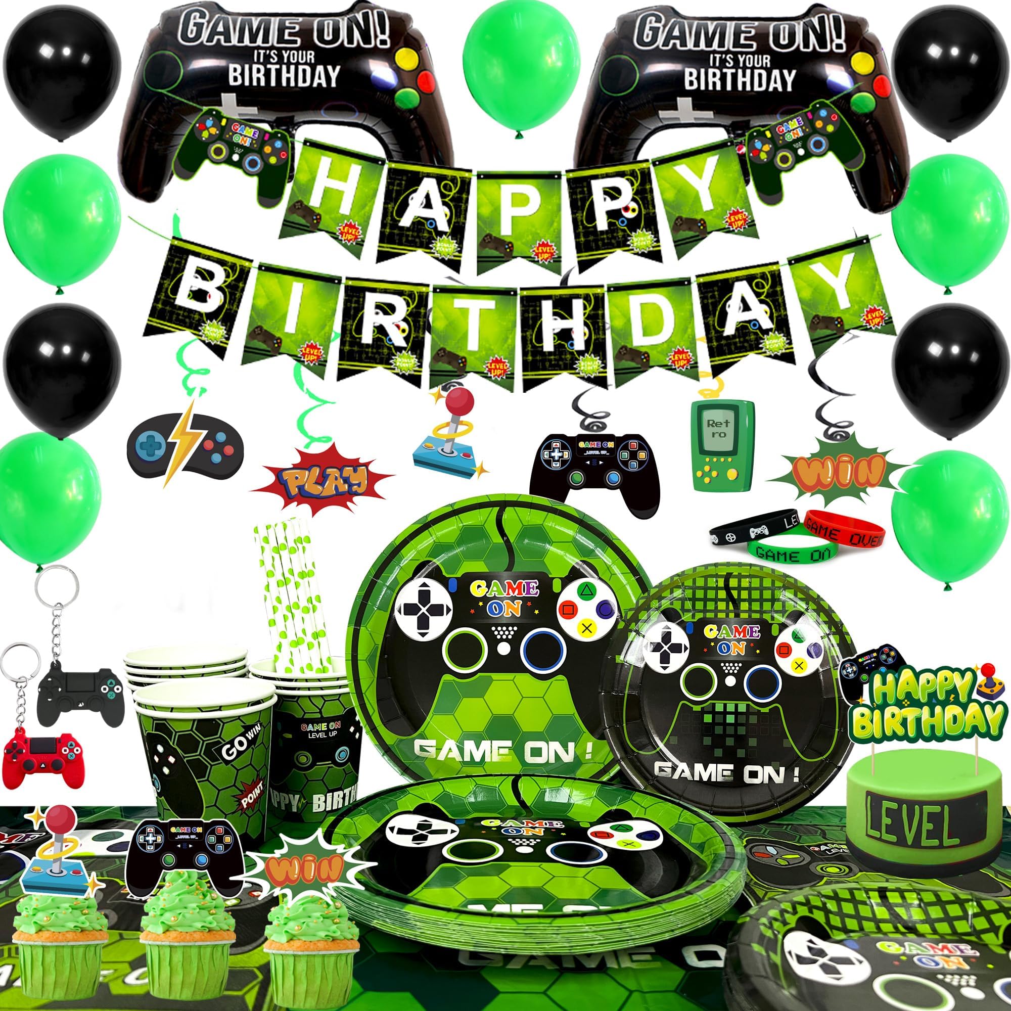 Gaming Birthday Party Decorations Supplies, 16 Guests Video Game Party Decorations Tableware Set Games Party Plates Cups Tablecloth Balloons Banner Cake Topper etc