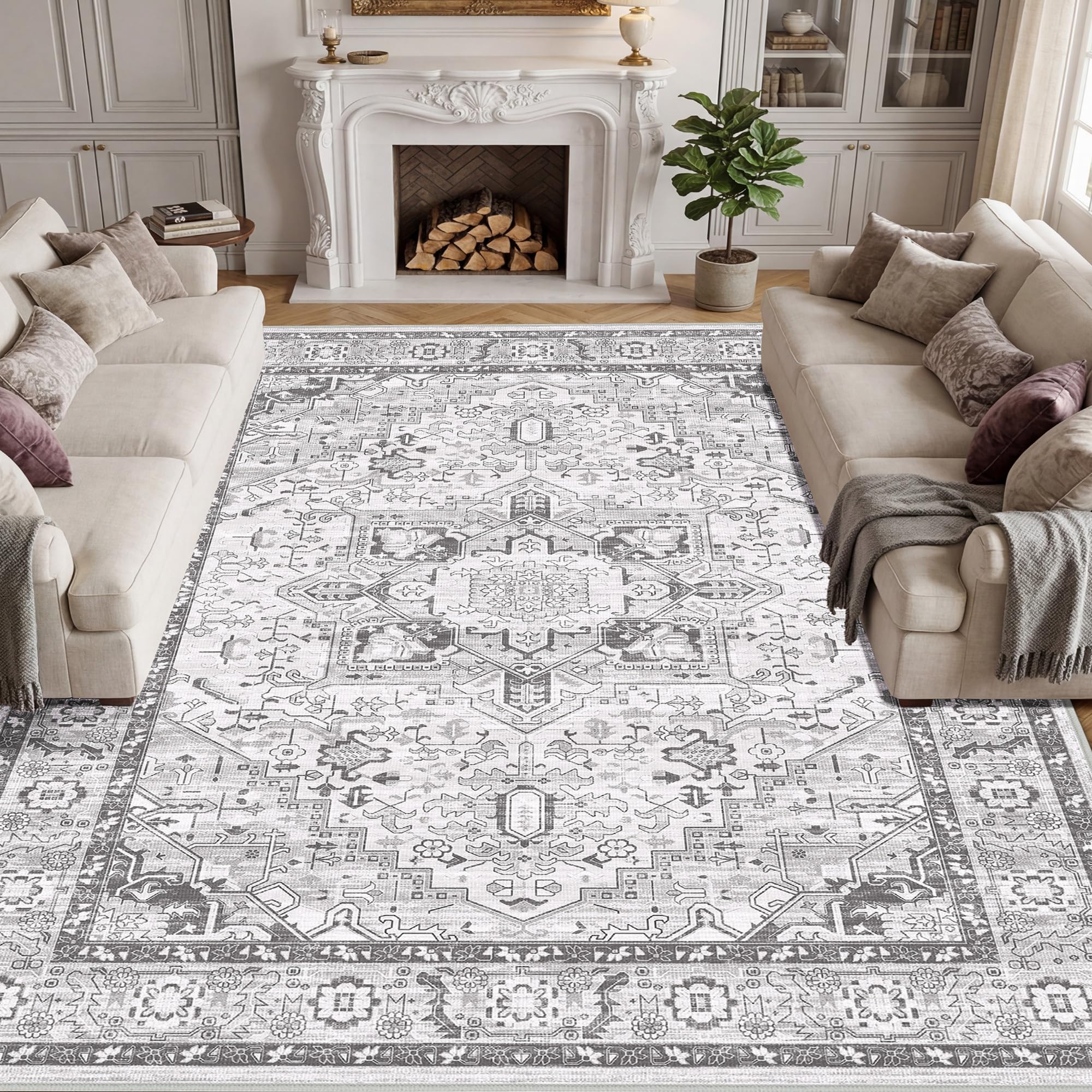 Autsel Rugs for Living Room Bedroom 240x340cm, Extra Large Machine Washable Area Rugs Non-slip, Vintage Boho Rugs, Soft Short Pile Carpet, Grey Runner Rugs for Hallway, Carpet for Kitchen, Office