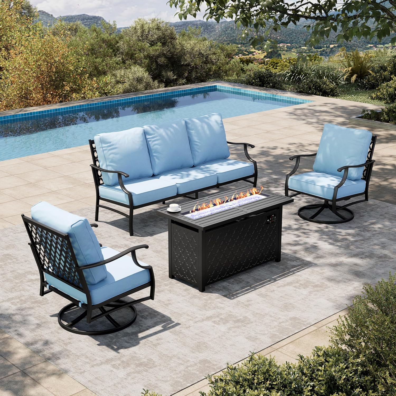 HERA'S HOUSE 4 Pieces Patio Furniture Set with Fire Pit Table, 2 x Swivel Cushioned Chair, 3-Seat Sofa with 45" Fire Pit Table, Outdoor Conversation Set for Garden, Poolside, Backyard, Blue