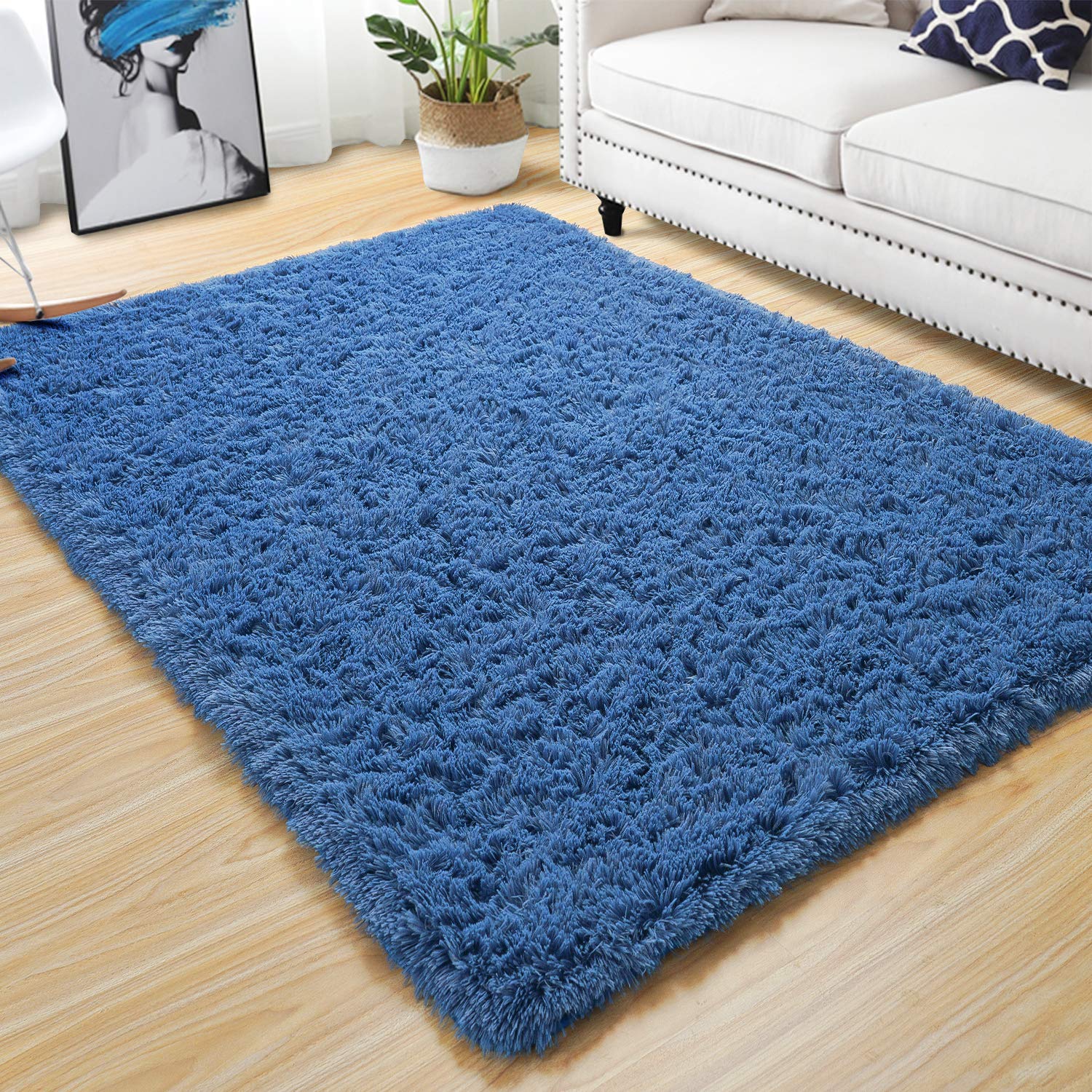Quenlife Soft Bedroom Rug, Plush Shaggy Carpet Rug for Living Room, Fluffy Area Rug for Kids Grils Room Nursery Home Decor Fuzzy Rugs with Anti-Slip Bottom, 5 x 8ft, Light Navy