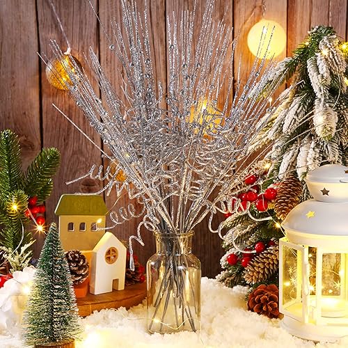 Miniatura 4 de Xinnun 30 piezas de púas y aerosoles con purpurina de bayas rizadas con purpurina de 14 pulgadas, ramas artificiales de tallo rizado para decoración