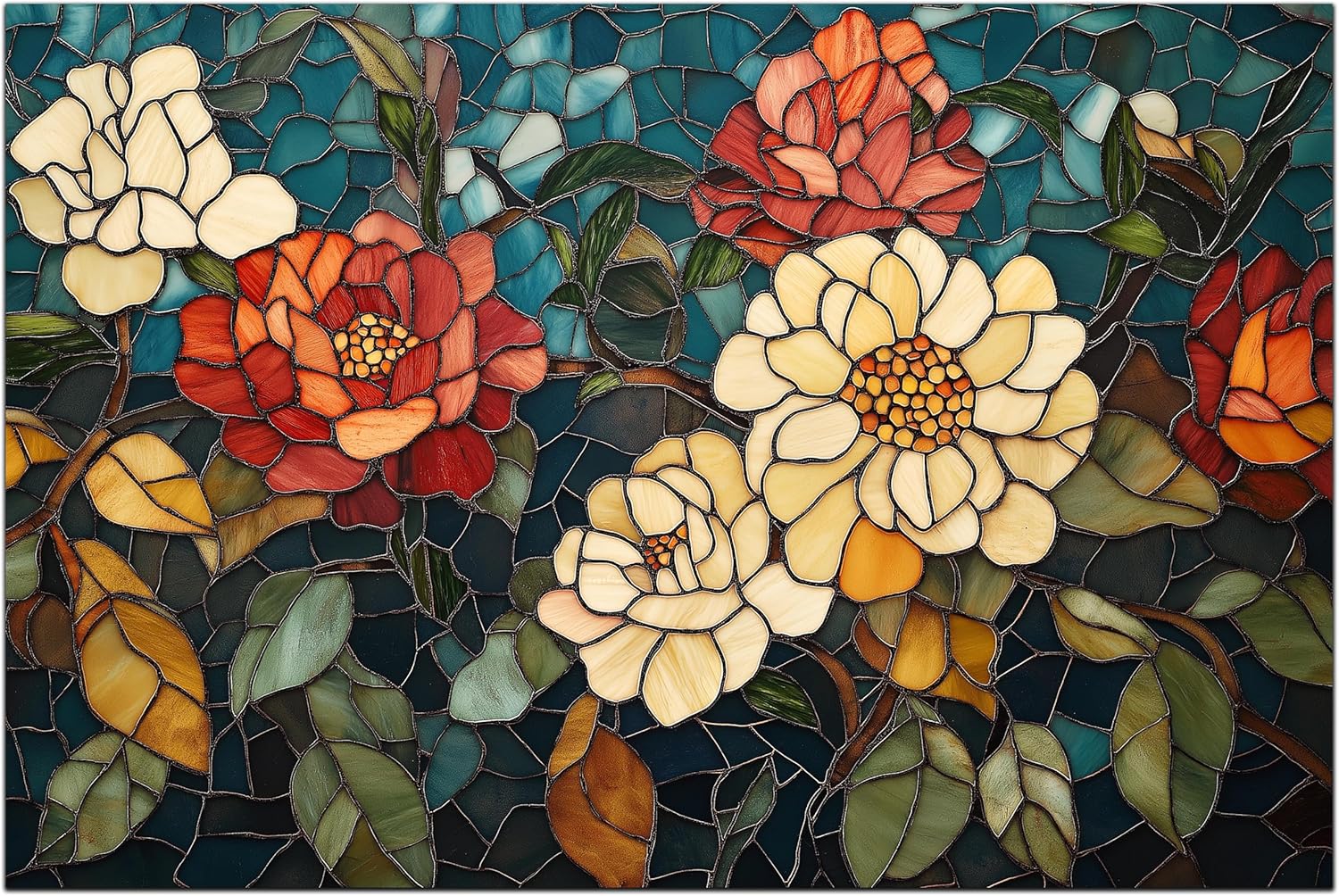 Mosaic Flowers Tempered Glass UV Printing Kitchen Backsplash Wall Art - Stained Durable Stove Back Cover - Stove Splashback - Kitchen Decor Tile - Home Wall Decor (Mosaic Flowers, 18,1 X 28,3" in)