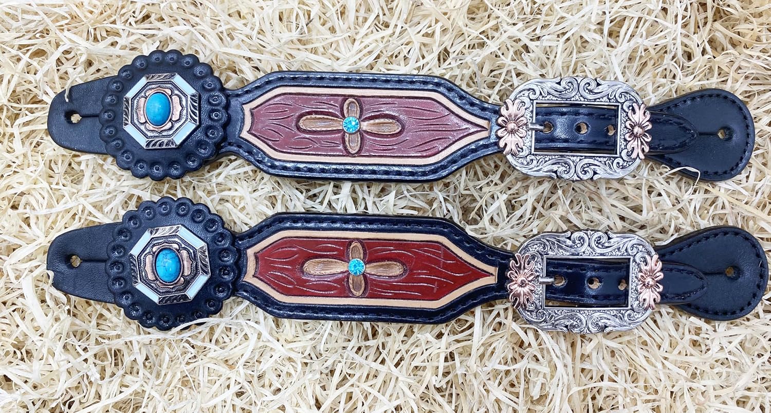 Western Women Spur Strap Set with Turquoise Stone and Engraved Leaves Inlay