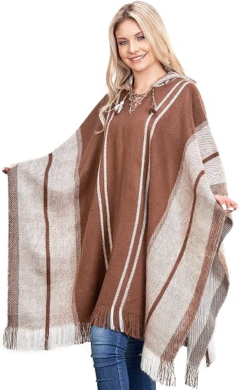 Women's Poncho Cape in Brown and White Alpaca Wool - Hoodie Casual Coat -Fashion Long Poncho, Brown, One Size