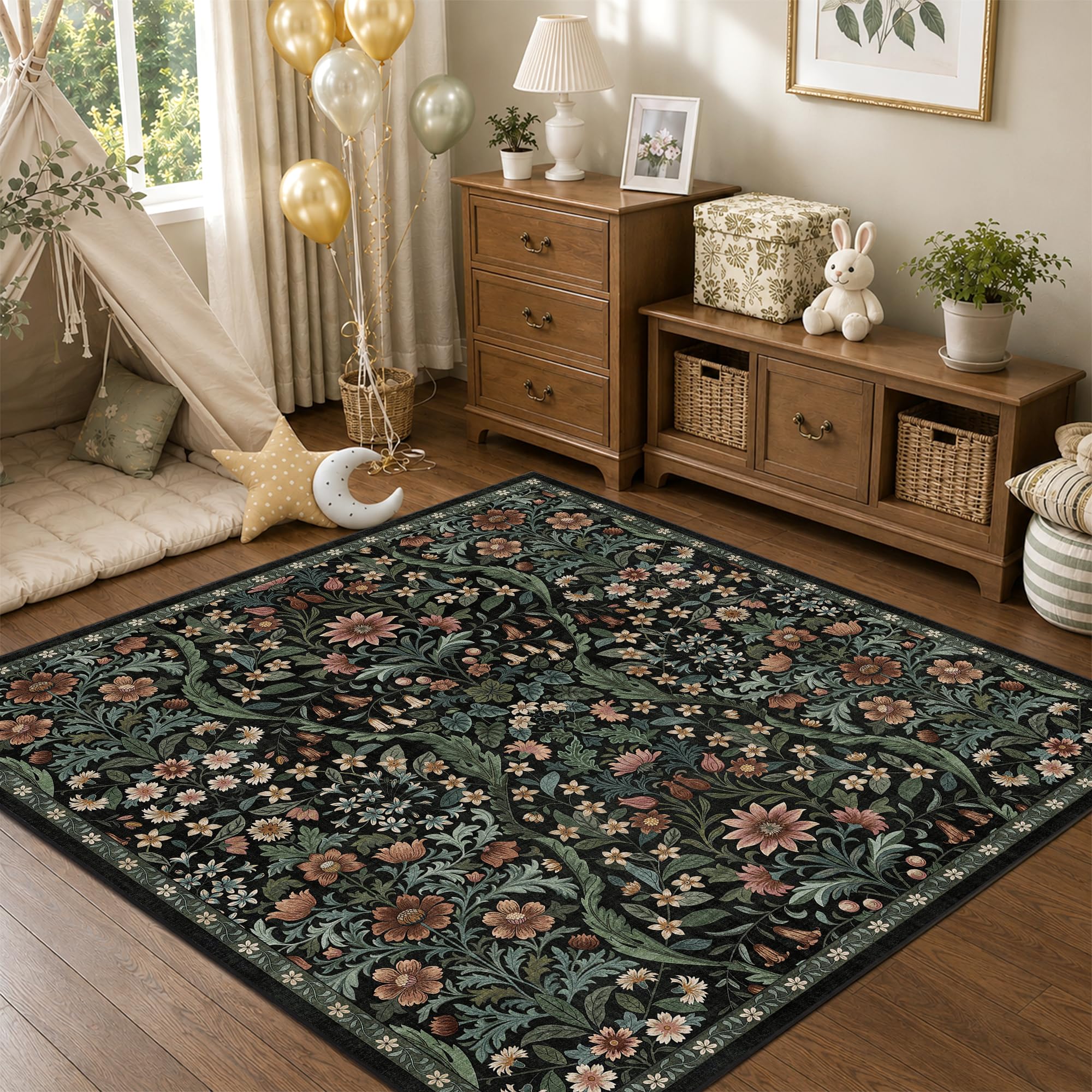 6x6 Square Rug Floral Washable Rug for Living Room Indoor Carpet
