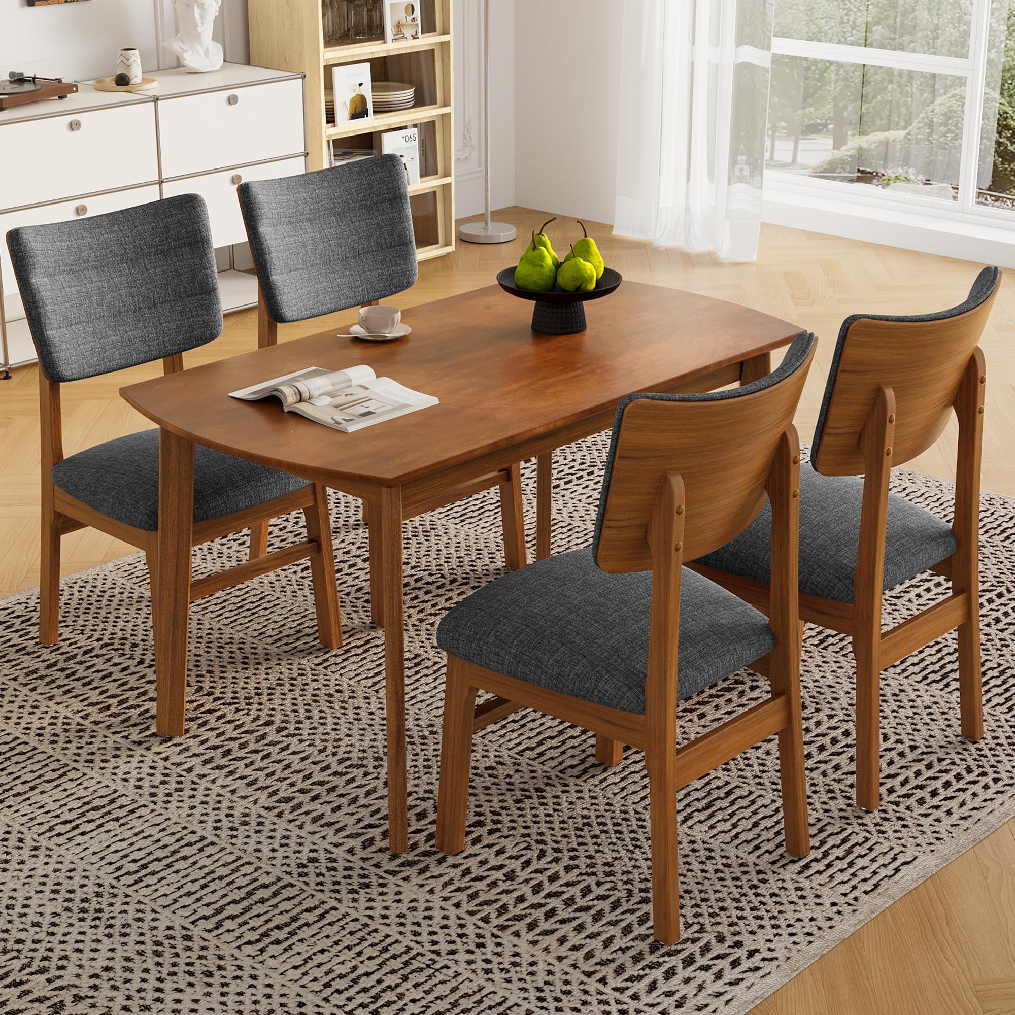 P PURLOVE 5 Pieces Dining Table Set, Mid Century Modern Wood Curved Dining Table and 4 Upholstered Chairs for Home, Kitchen, Apartment, Space Saving (