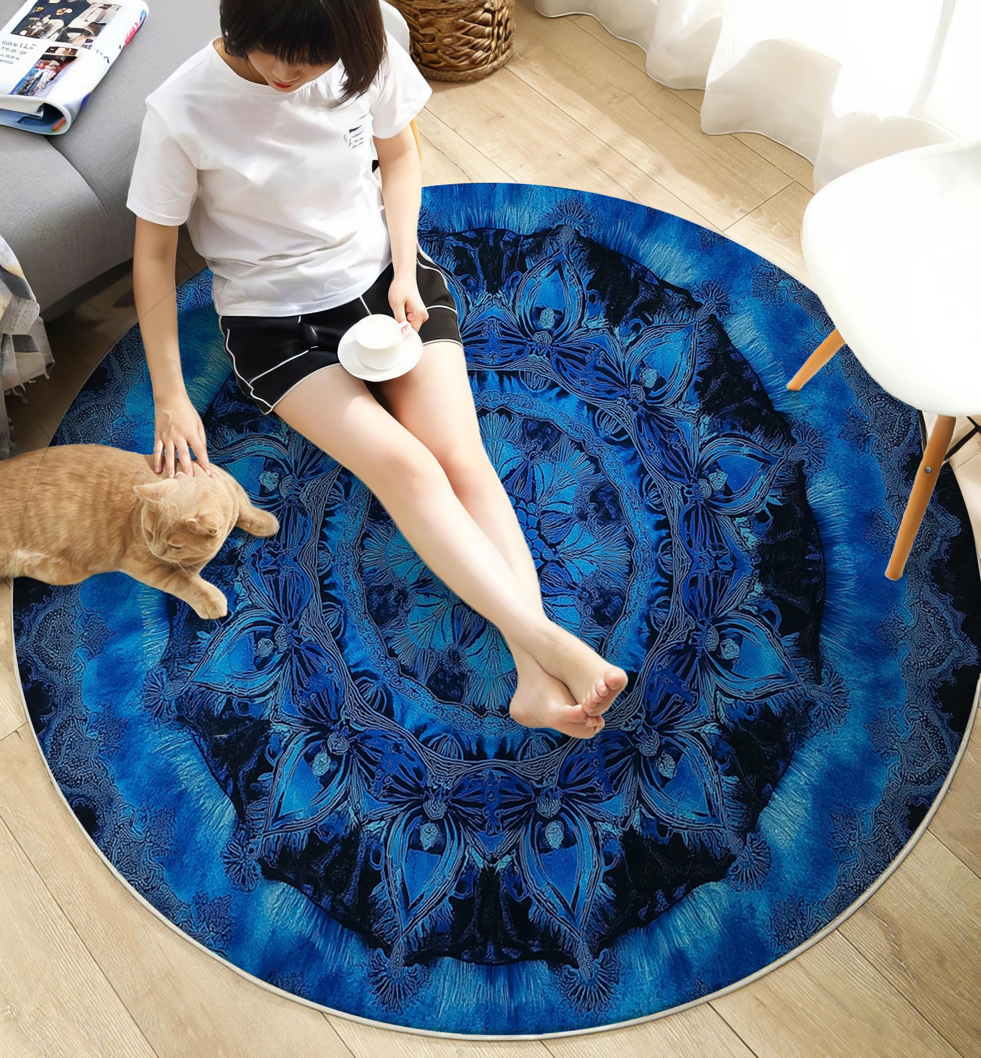 Tapis Rond à Poils Ras Mandala Antidérapant Lavable Tapis de Sol Style Tie-Dye Moquette Décoration pour Salon Chambre Canapé Descente de lit, 180cm, Indigo