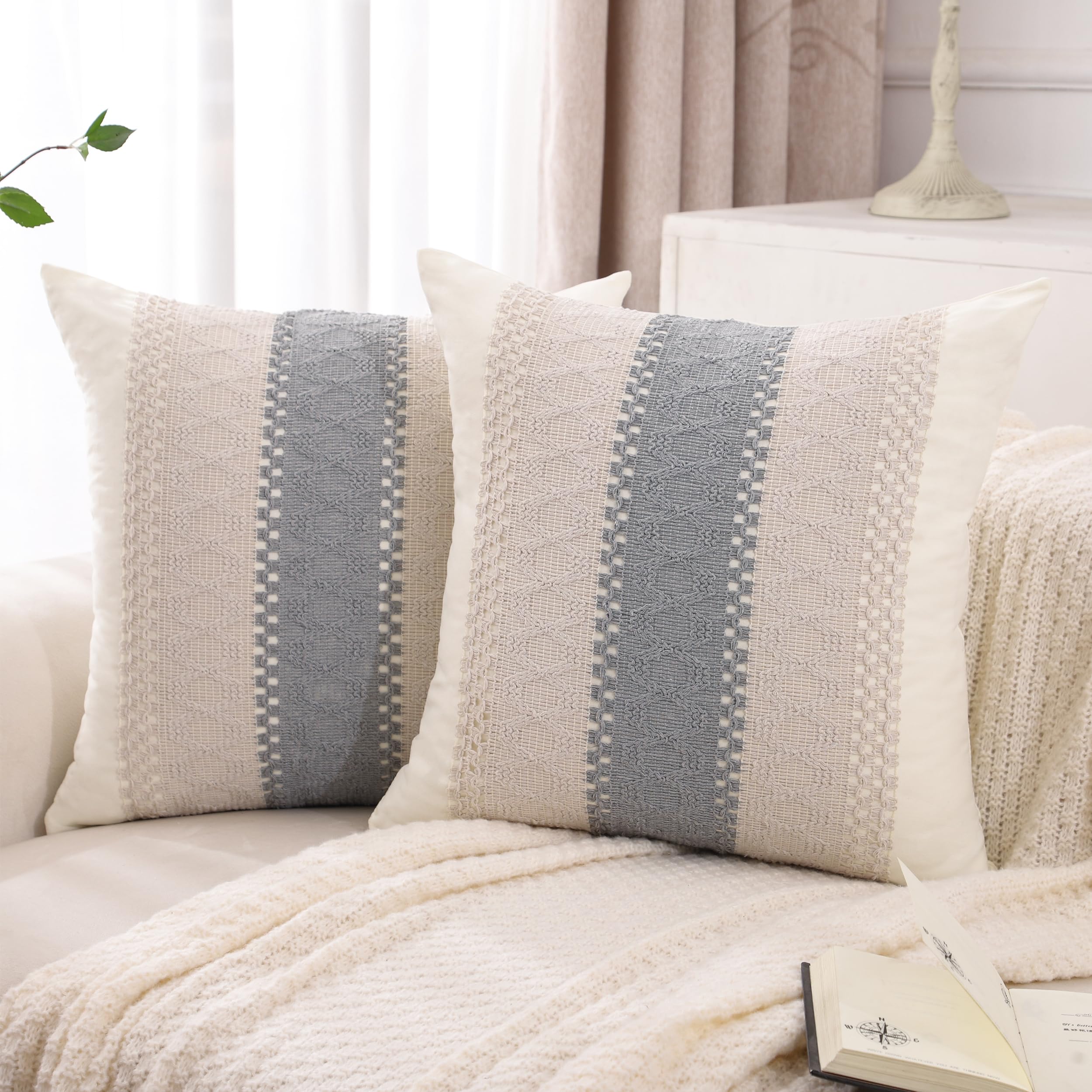 Tosleo Boho Navy Blue Striped Pillow Covers - 20x20 Inch Set Of 2 With Tassels For Farmhouse Decor