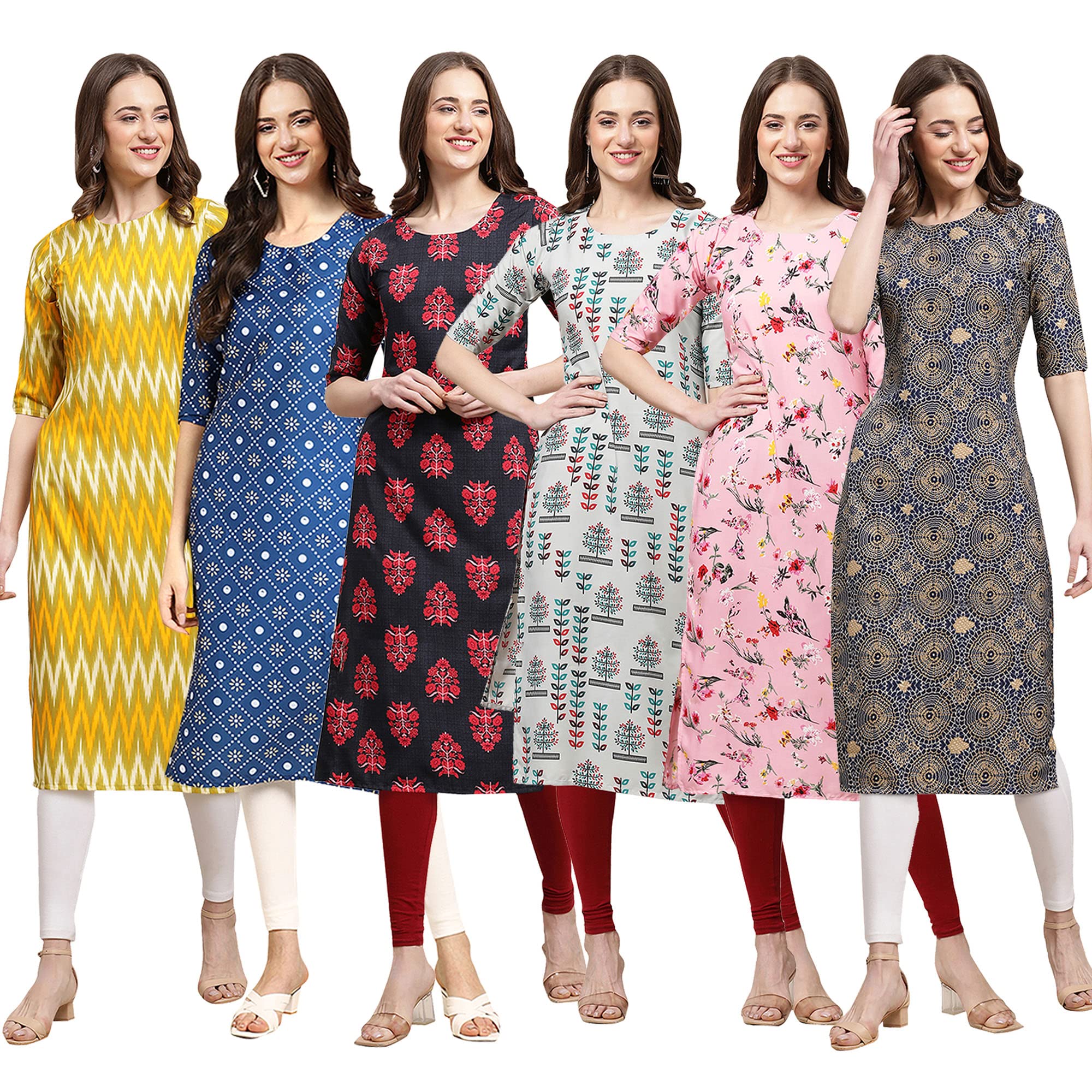 Pinkmint Women's Crepe Digital Print Straight Kurta Pack Of 6 [Cr-329-353-345-340-339-341-L]