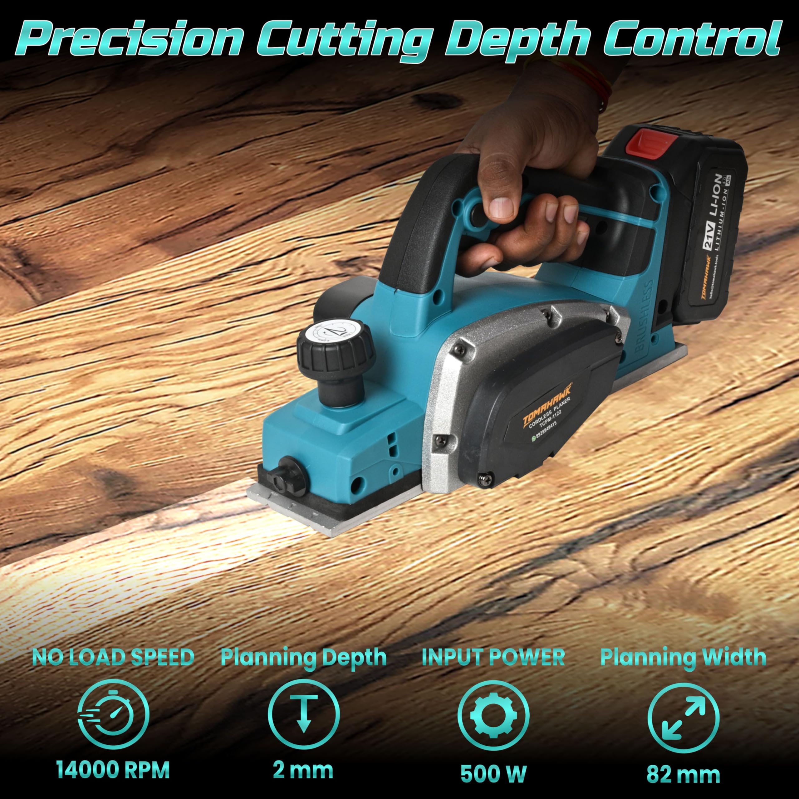 Tomahawk Cordless Planer Machine TCPM-1122 - Brushless Motor, 20V Battery Powered, Lightweight and Ergonomic Design, 82mm Planning Width | Hardware Planer for Home, Workshop & Professional Use 1