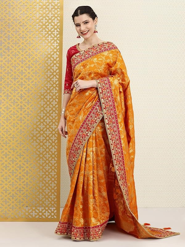 TRENDMALLS Women's Pure Silk Embroidery Saree with Unstitched Blouse Piece (K1113-Orange) by TRENDMALLS - Image 9