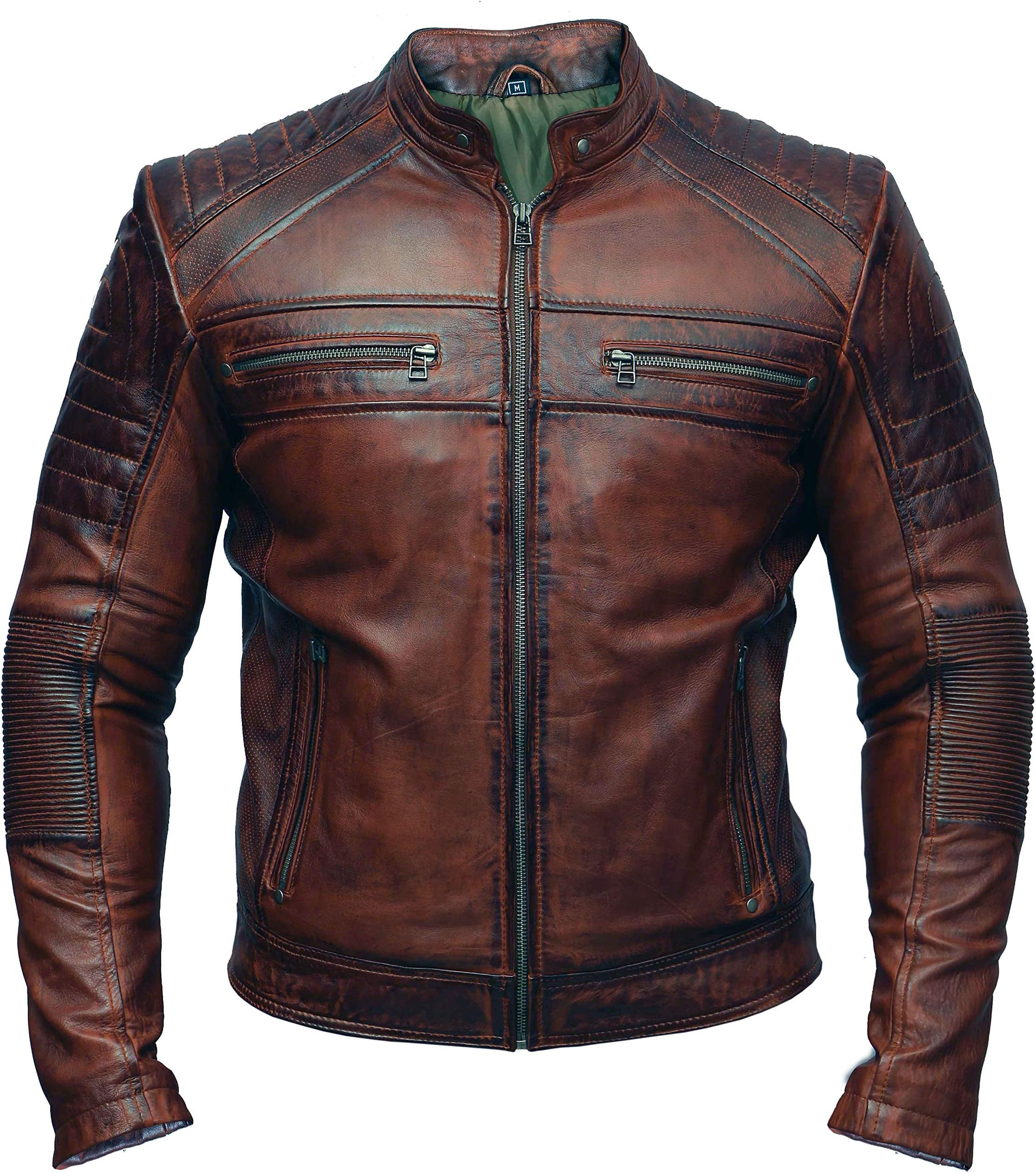 Mens Biker Vintage Antique Brown Cafe Racer Real Leather Jacket